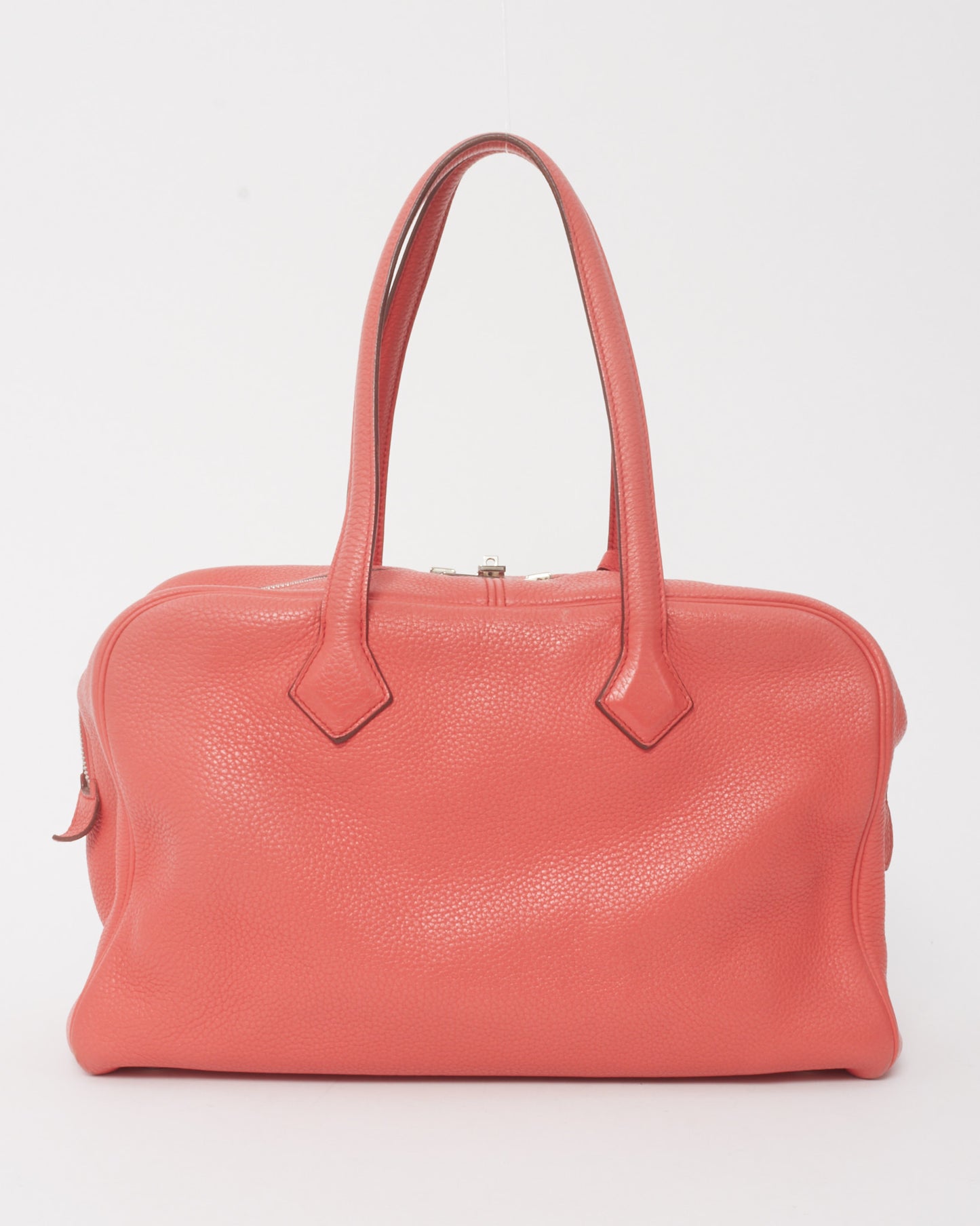 Hermès Coral Red (Rouge Pivoine) Clemence Leather Victoria 35 Bag PHW