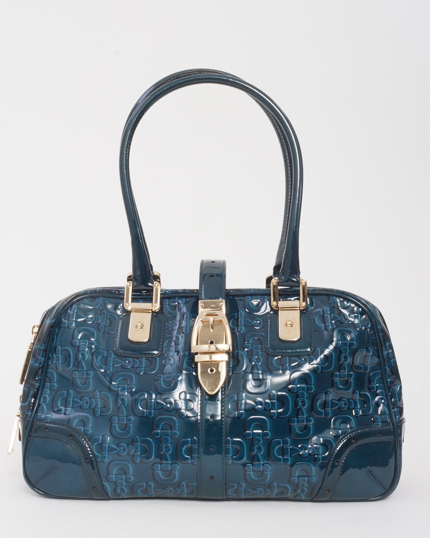 Gucci Blue Patent Leather Horsebit Glam Boston Tote Bag