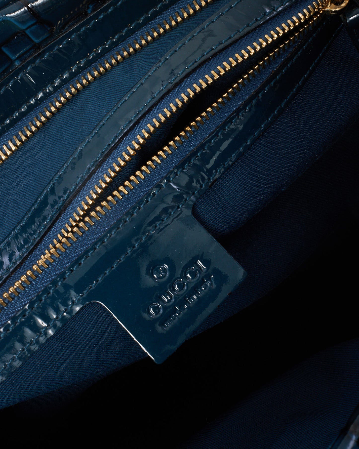 Gucci Blue Patent Leather Horsebit Glam Boston Tote Bag