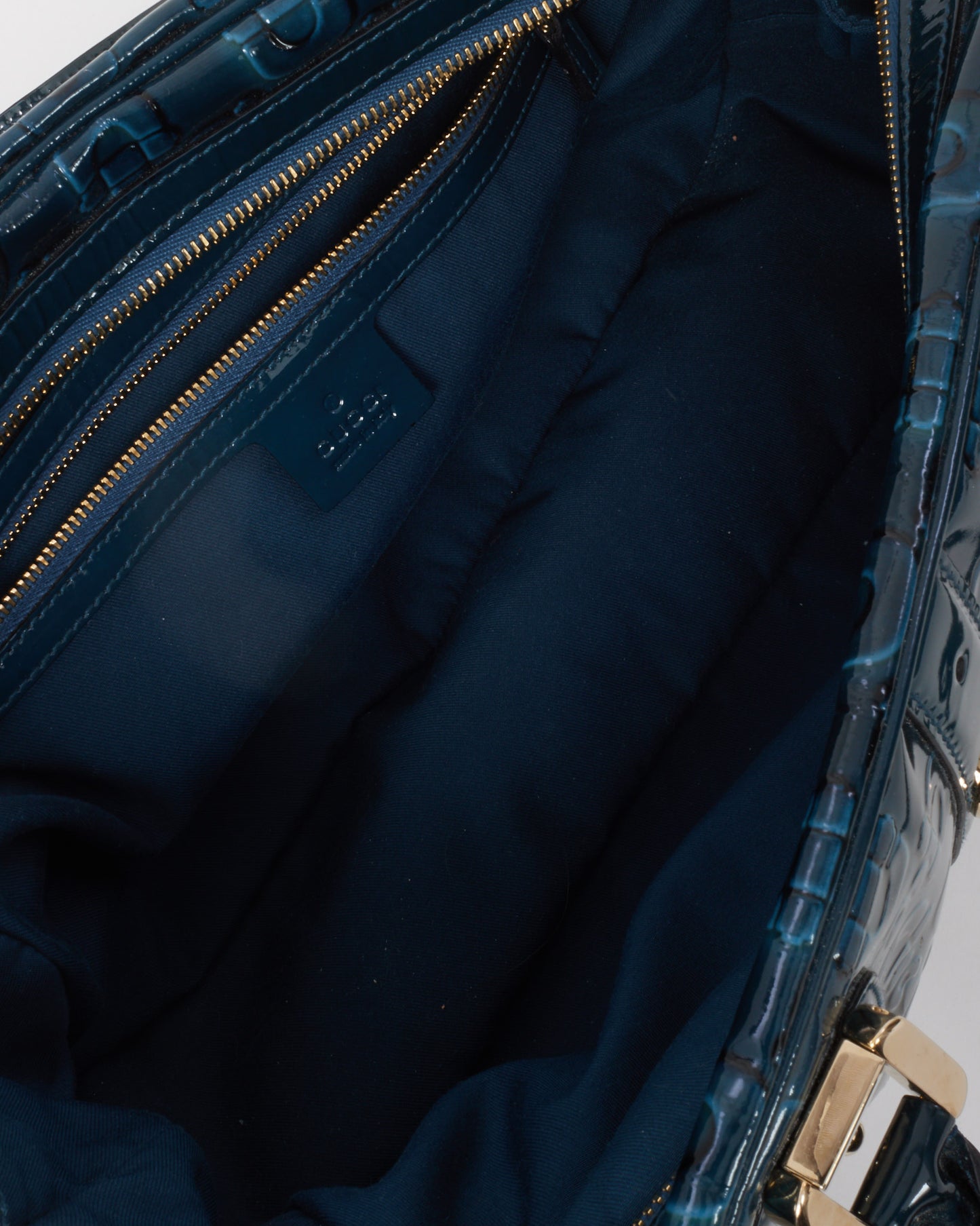 Gucci Blue Patent Leather Horsebit Glam Boston Tote Bag