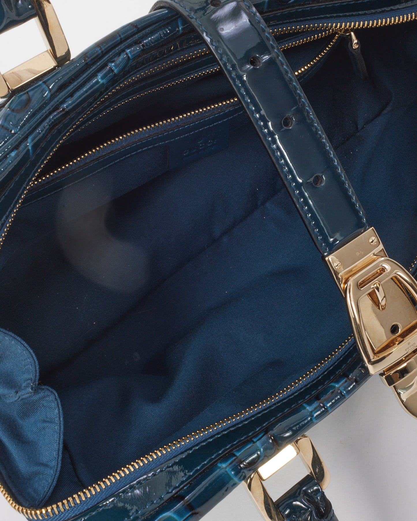 Gucci Blue Patent Leather Horsebit Glam Boston Tote Bag