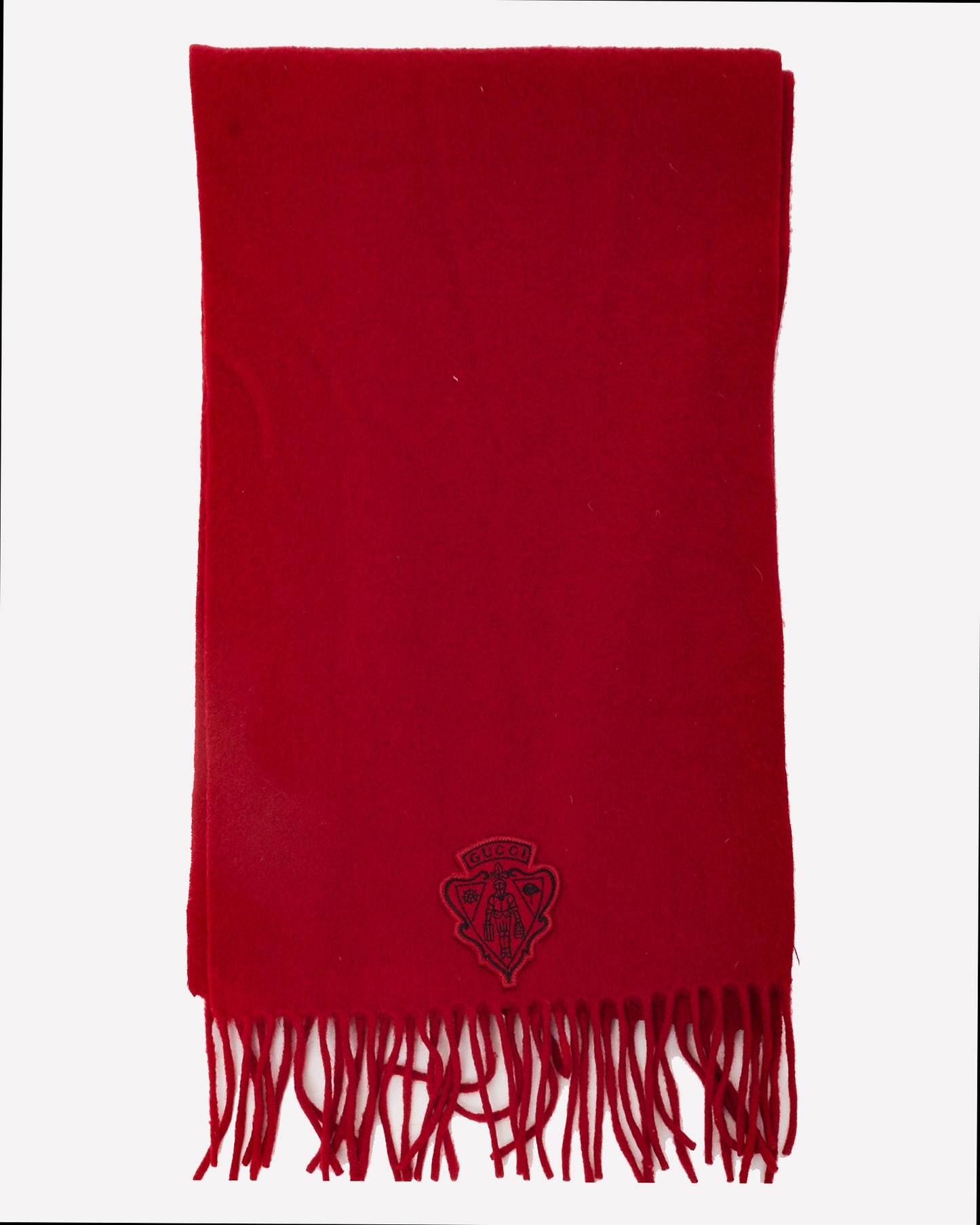Gucci Red Felt Fabric Crescent Logo Fringe Stole Scarf