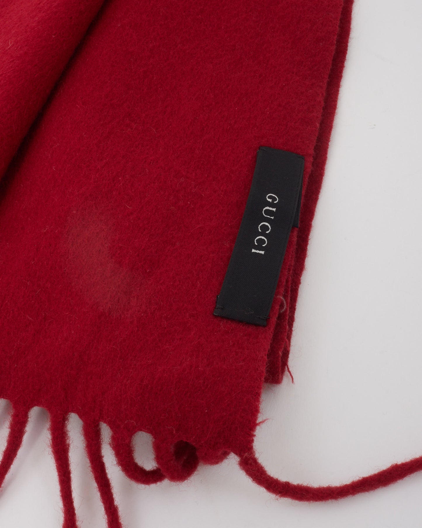 Gucci Red Felt Fabric Crescent Logo Fringe Stole Scarf