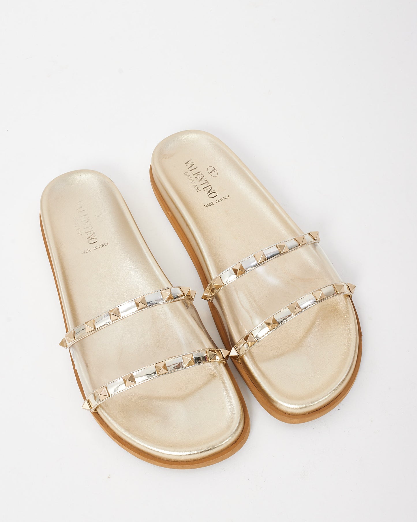 Valentino Gold Leather Clear PVC Rockstud Sandals - 41