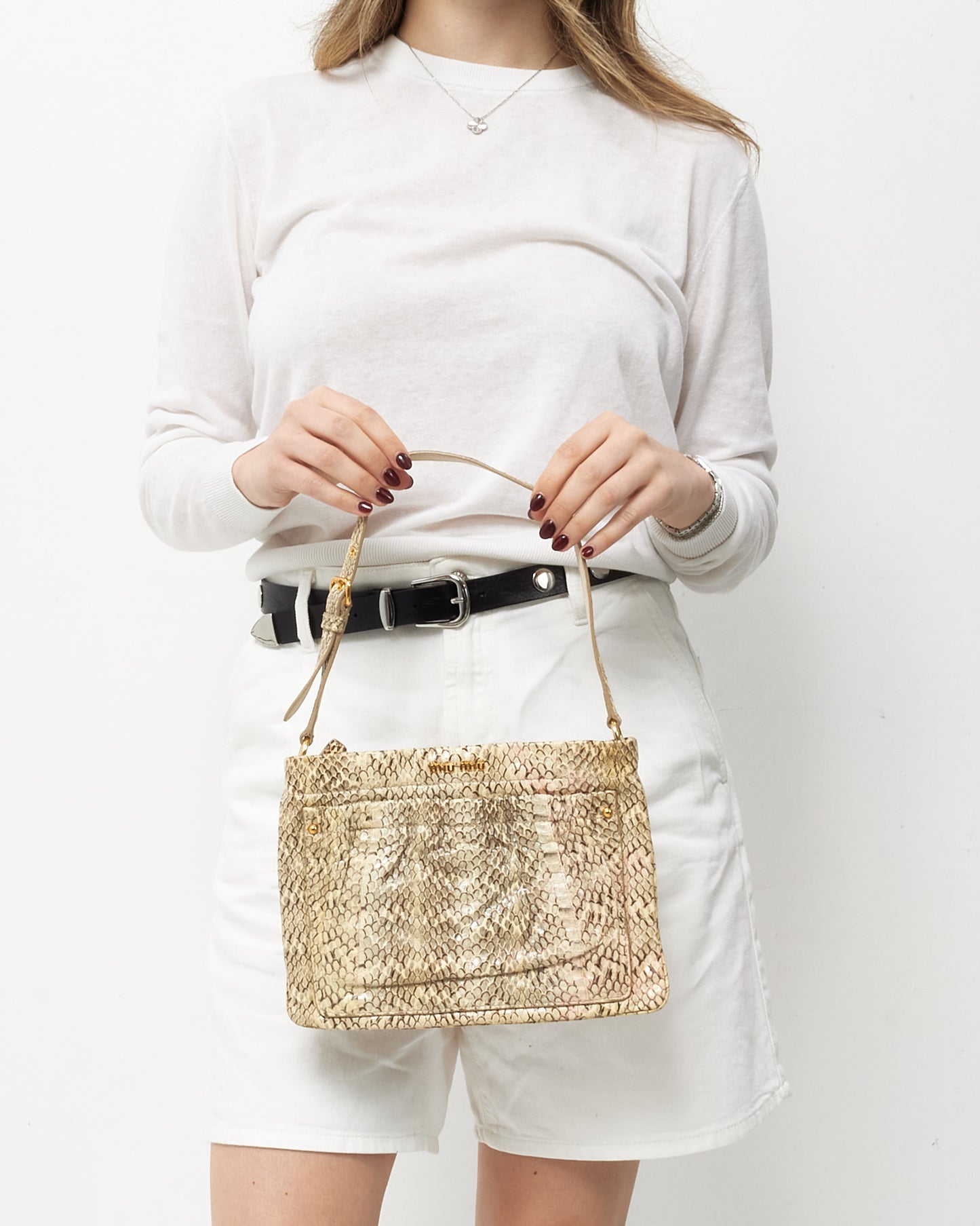 Miu Miu Vintage Beige and Brown Python Leather Logo Flat Square Pocket Shoulder Bag