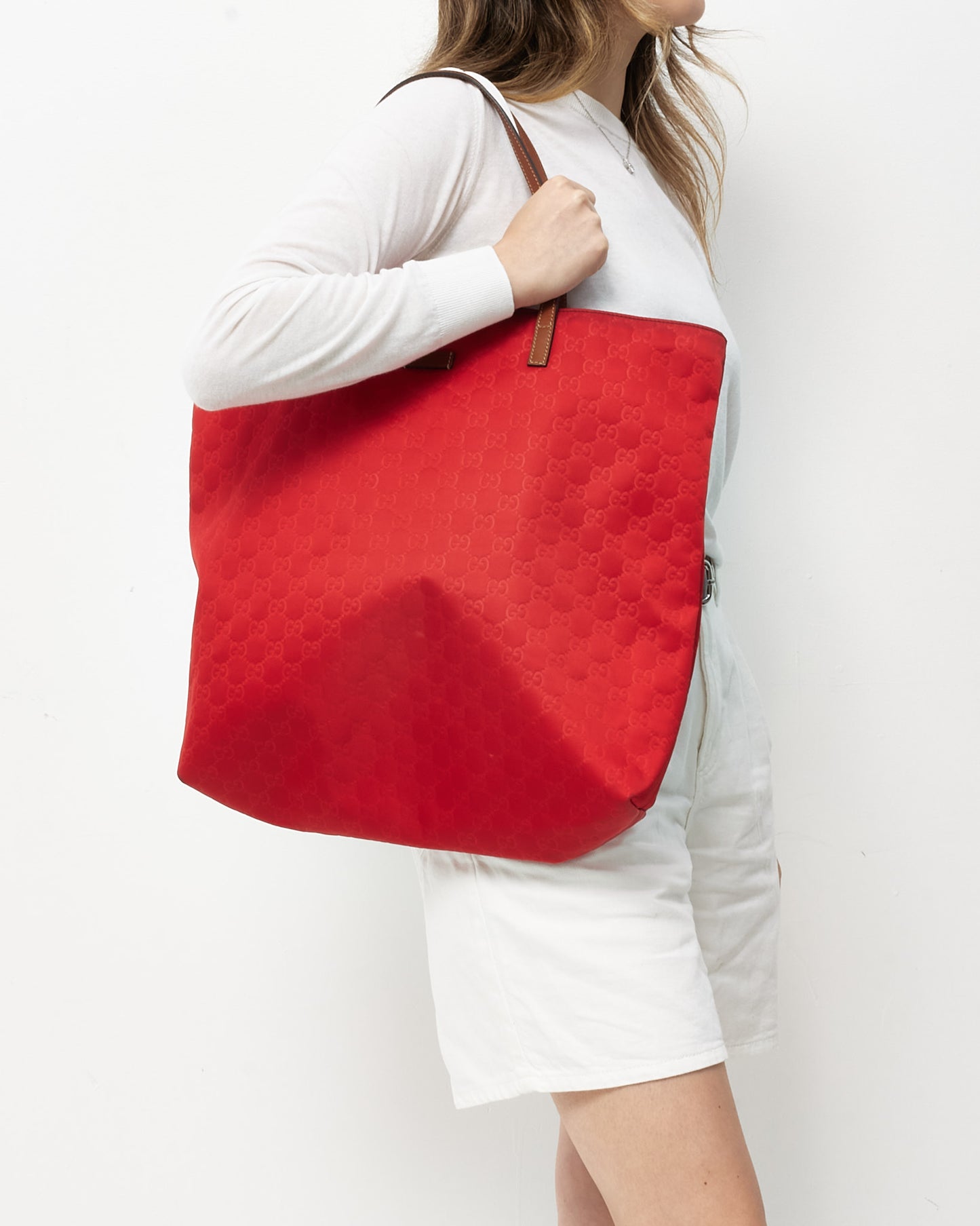 Gucci Red Monogram GG Nylon Large Tote Bag