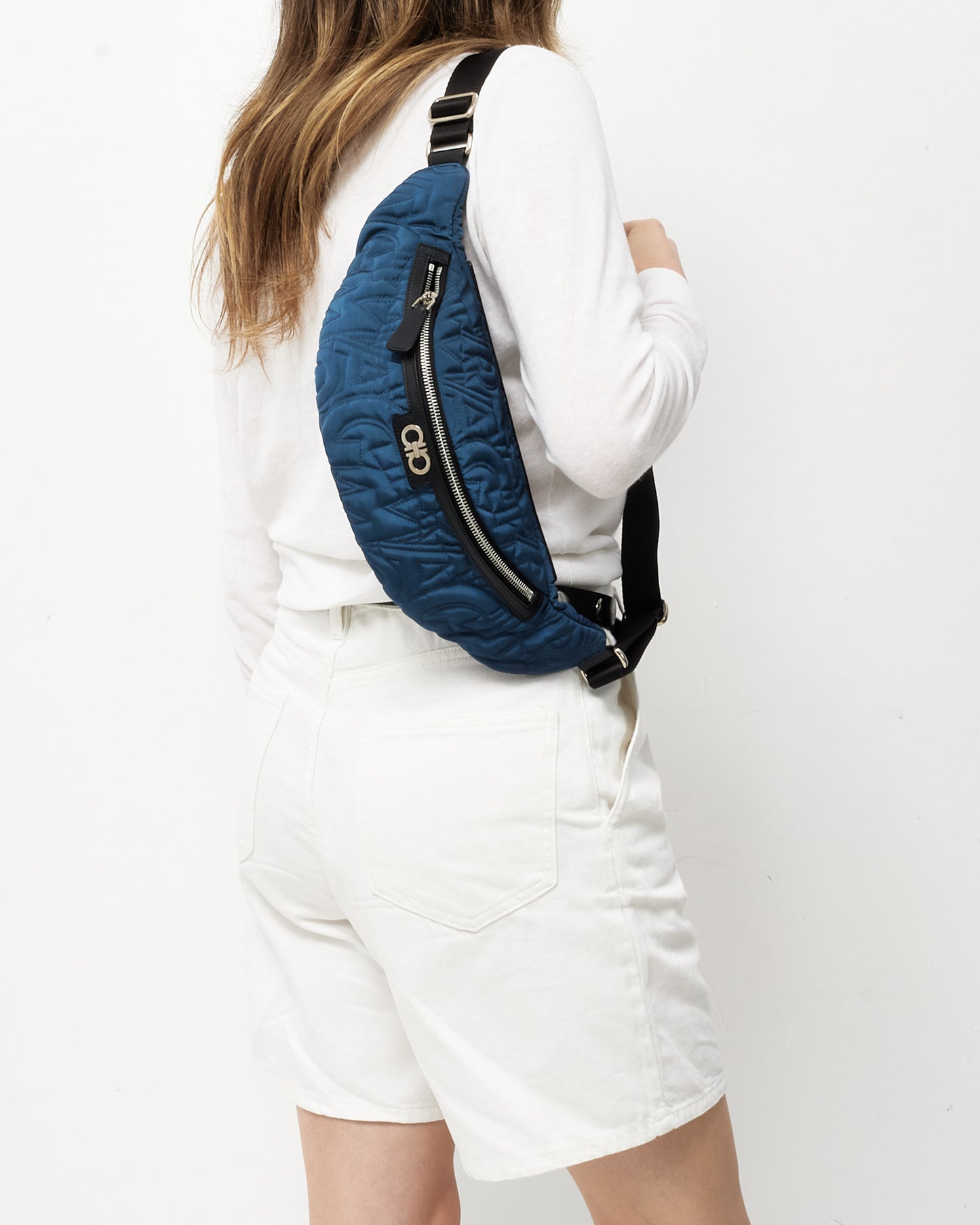 Salvatore Ferragamo Navy Gancini Logo Embossed Nylon Belt Bag