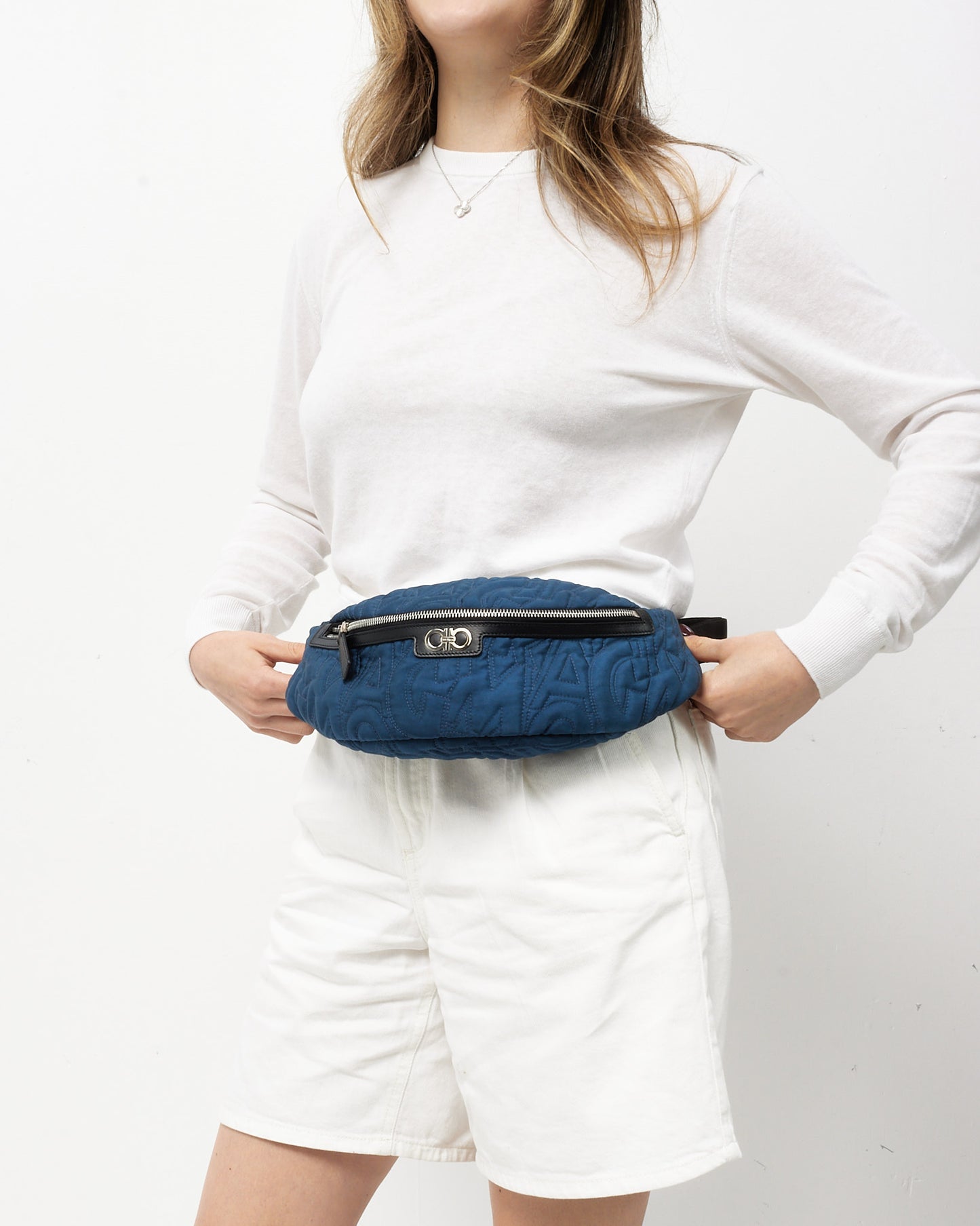 Salvatore Ferragamo Navy Gancini Logo Embossed Nylon Belt Bag