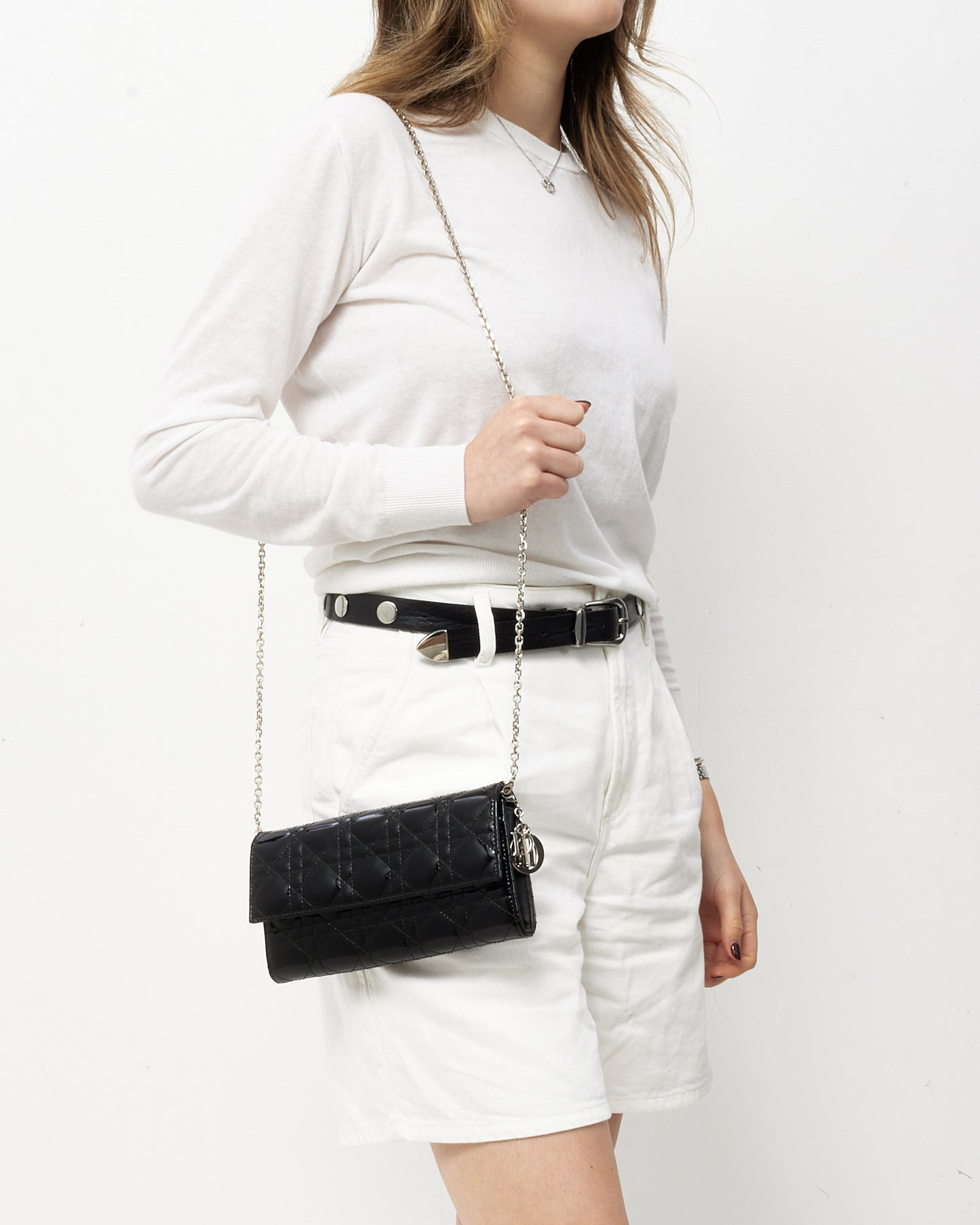 Dior Black Cannage Patent Leather Lady Dior Pouch WOC Crossbody Bag SHW