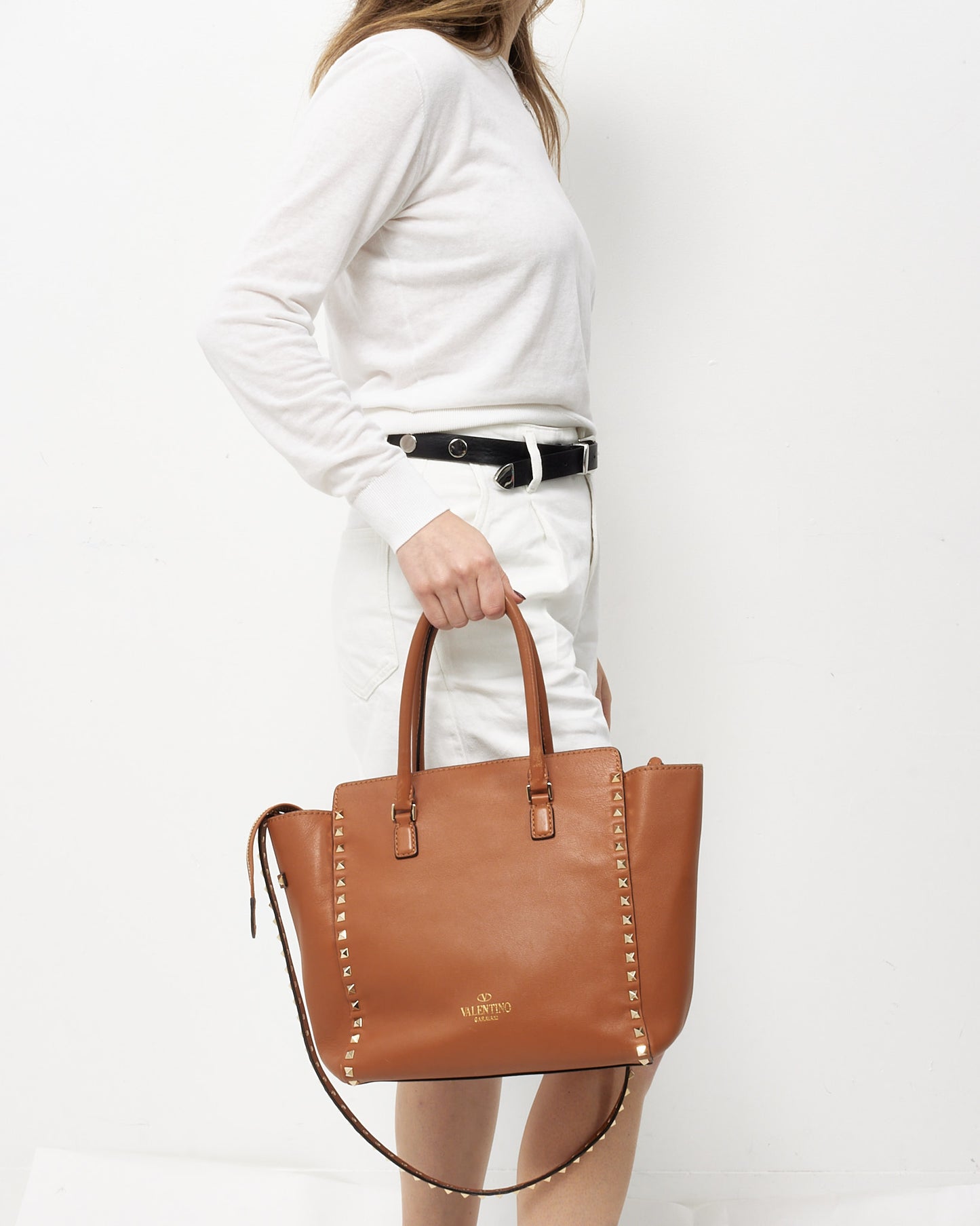 Valentino Camel Brown Leather Rockstud Convertible Flip Lock Tote with Strap