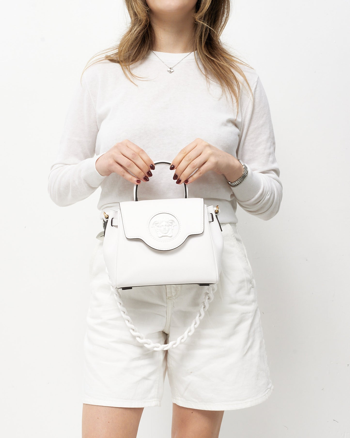 Versace White Grained Leather Tonal La Medusa Top Handle Bag