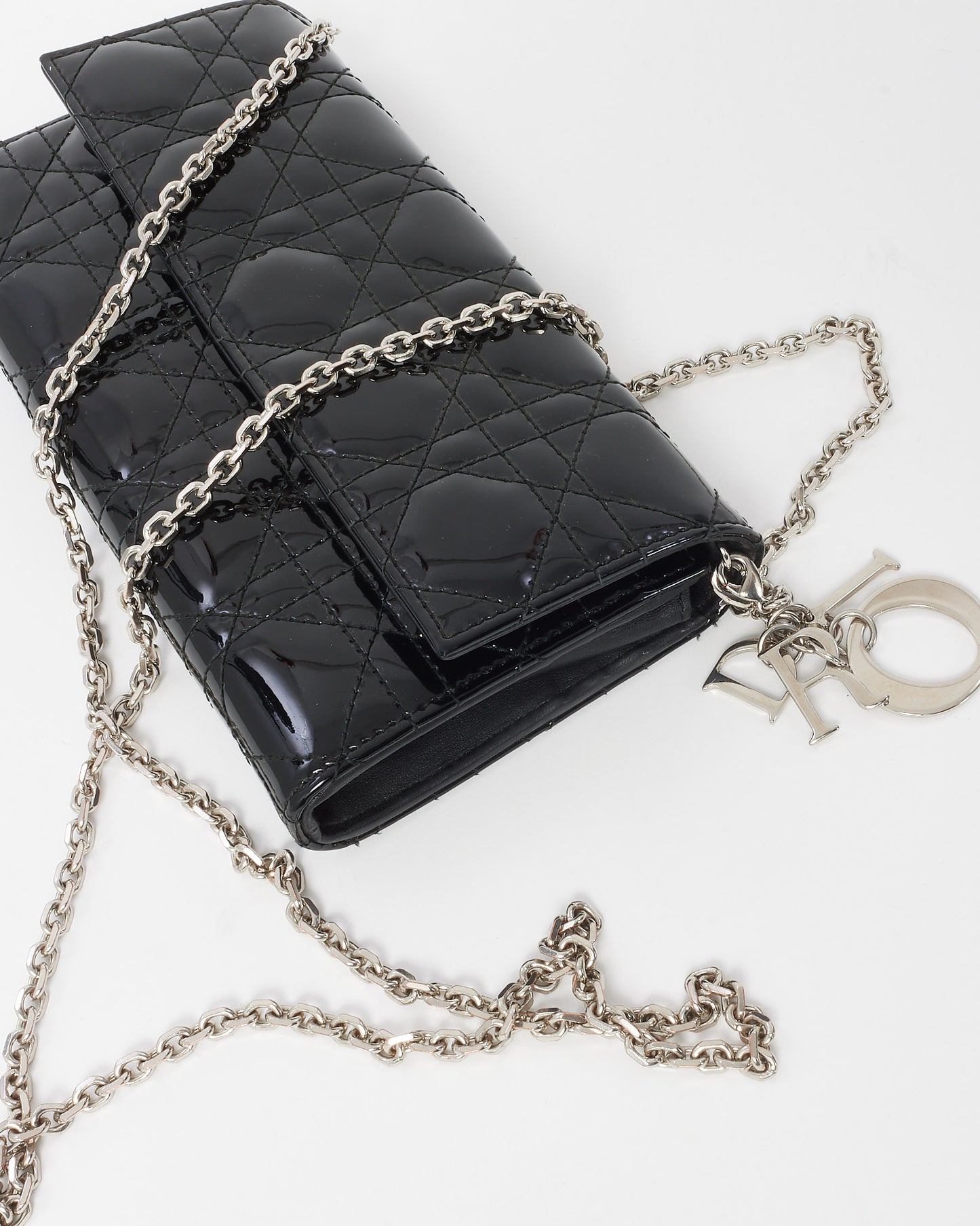 Dior Black Cannage Patent Leather Lady Dior Pouch WOC Crossbody Bag SHW