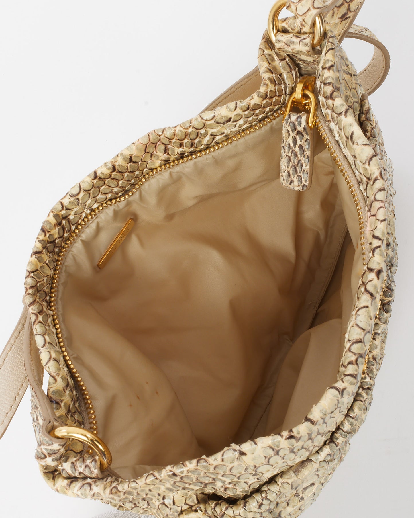 Miu Miu Vintage Beige and Brown Python Leather Logo Flat Square Pocket Shoulder Bag