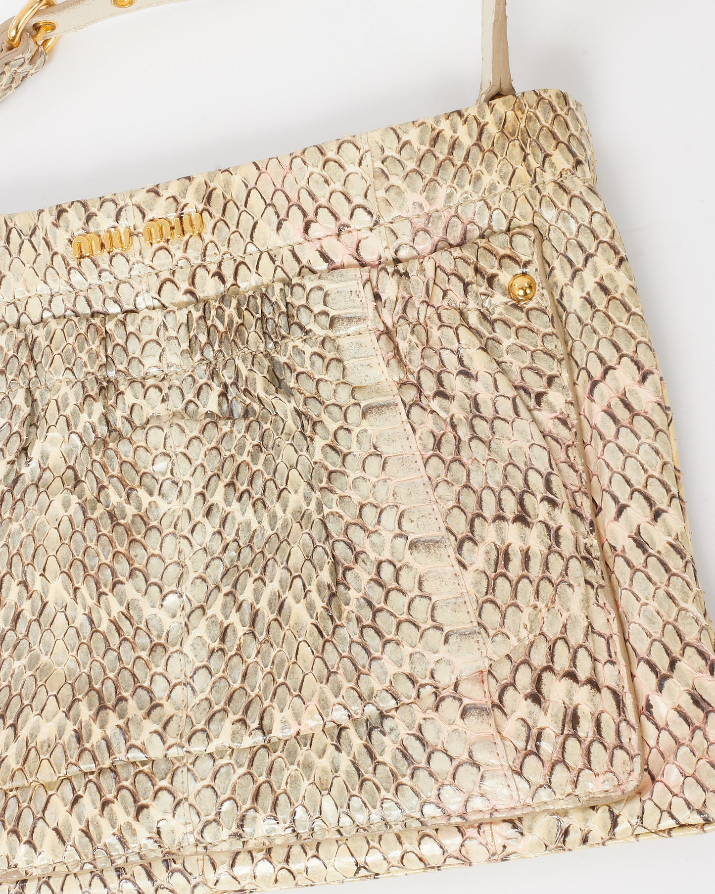 Miu Miu Vintage Beige and Brown Python Leather Logo Flat Square Pocket Shoulder Bag