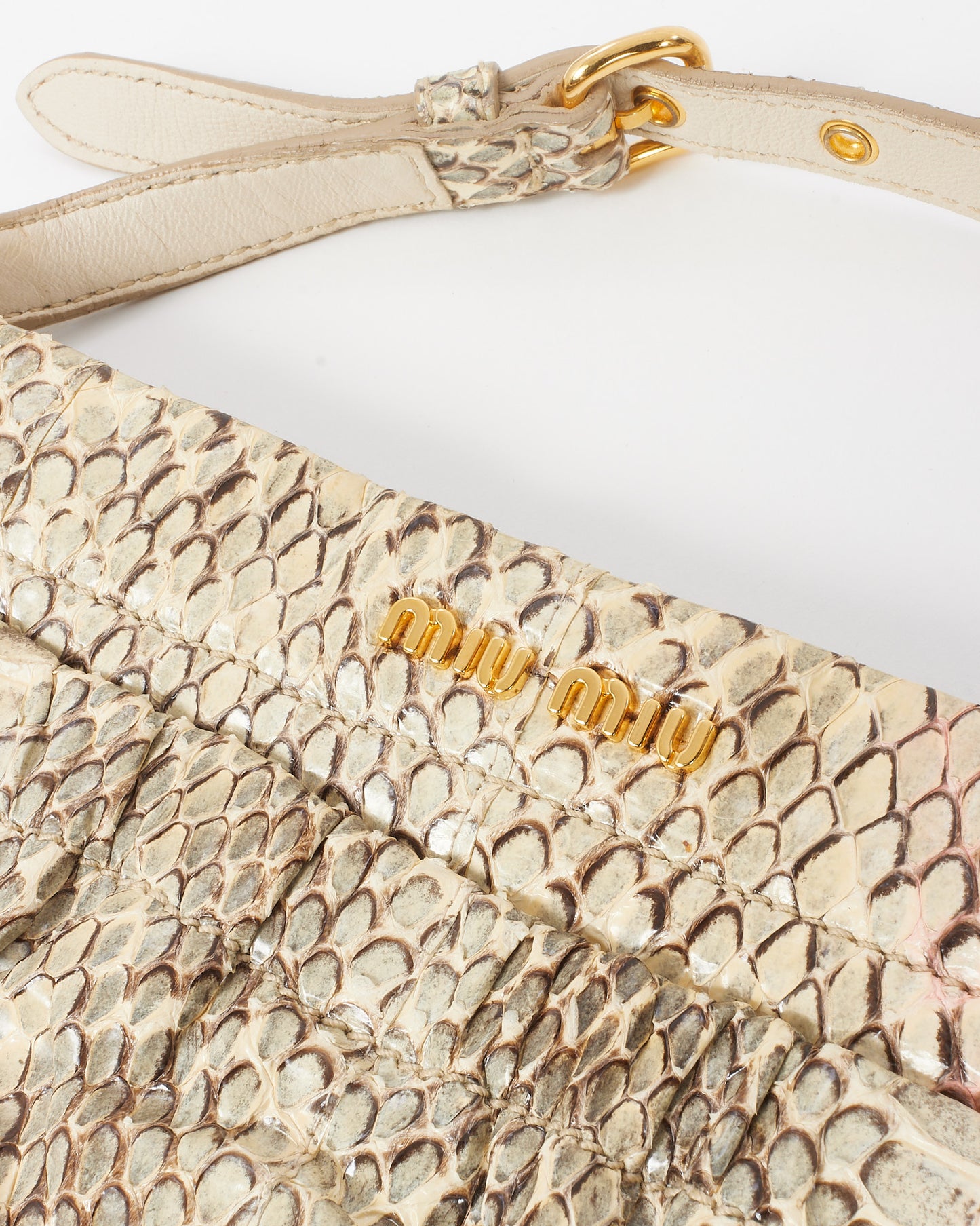 Miu Miu Vintage Beige and Brown Python Leather Logo Flat Square Pocket Shoulder Bag