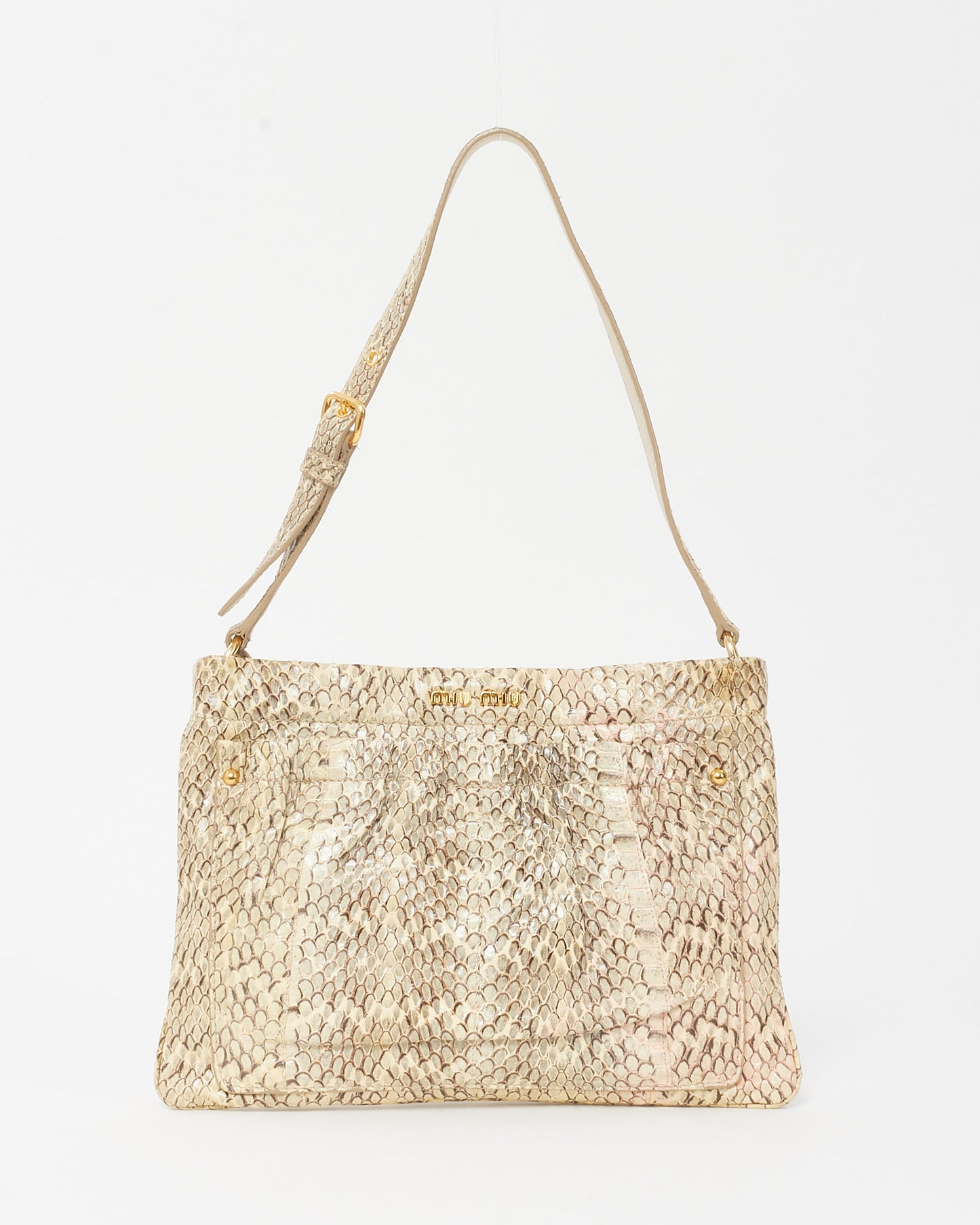 Miu Miu Vintage Beige and Brown Python Leather Logo Flat Square Pocket Shoulder Bag