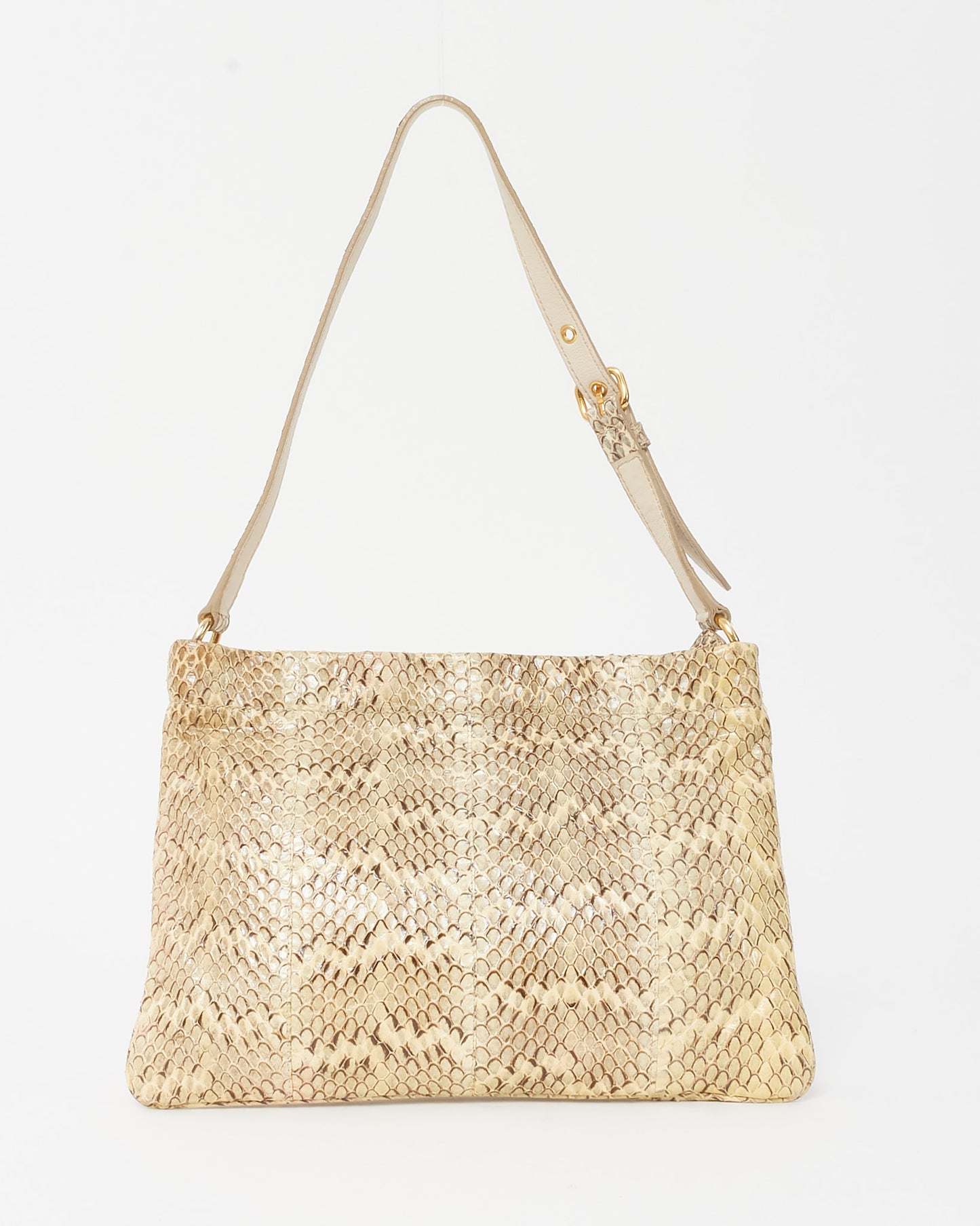 Miu Miu Vintage Beige and Brown Python Leather Logo Flat Square Pocket Shoulder Bag