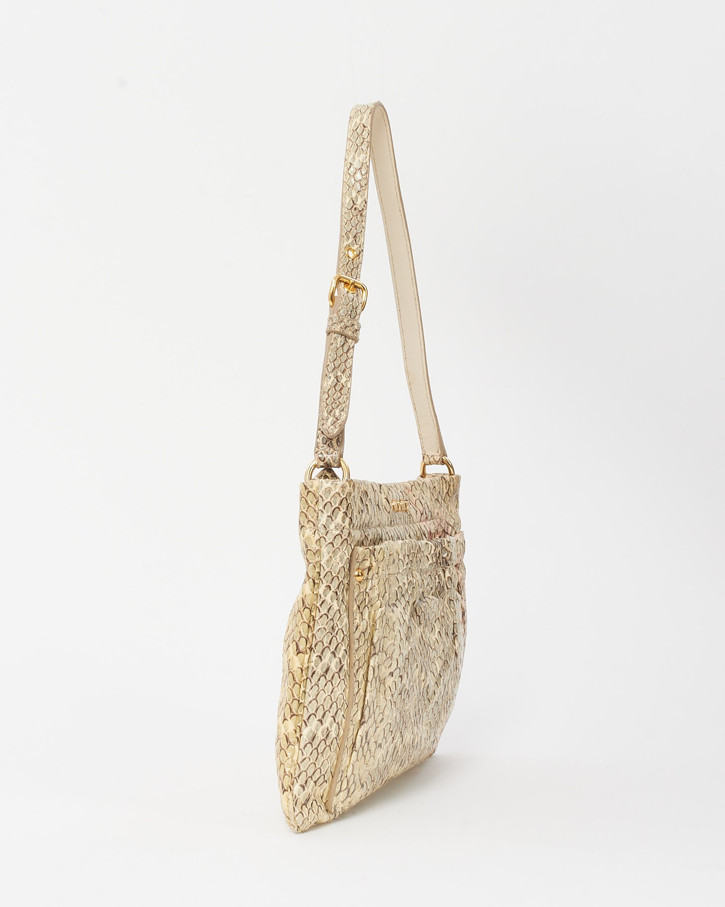 Miu Miu Vintage Beige and Brown Python Leather Logo Flat Square Pocket Shoulder Bag