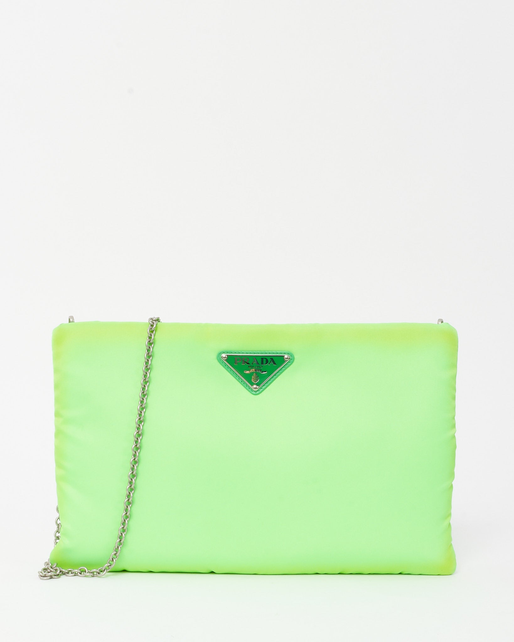 Buy Prada Neon Green Nylon Logo Medium Padded Pouch with Chain