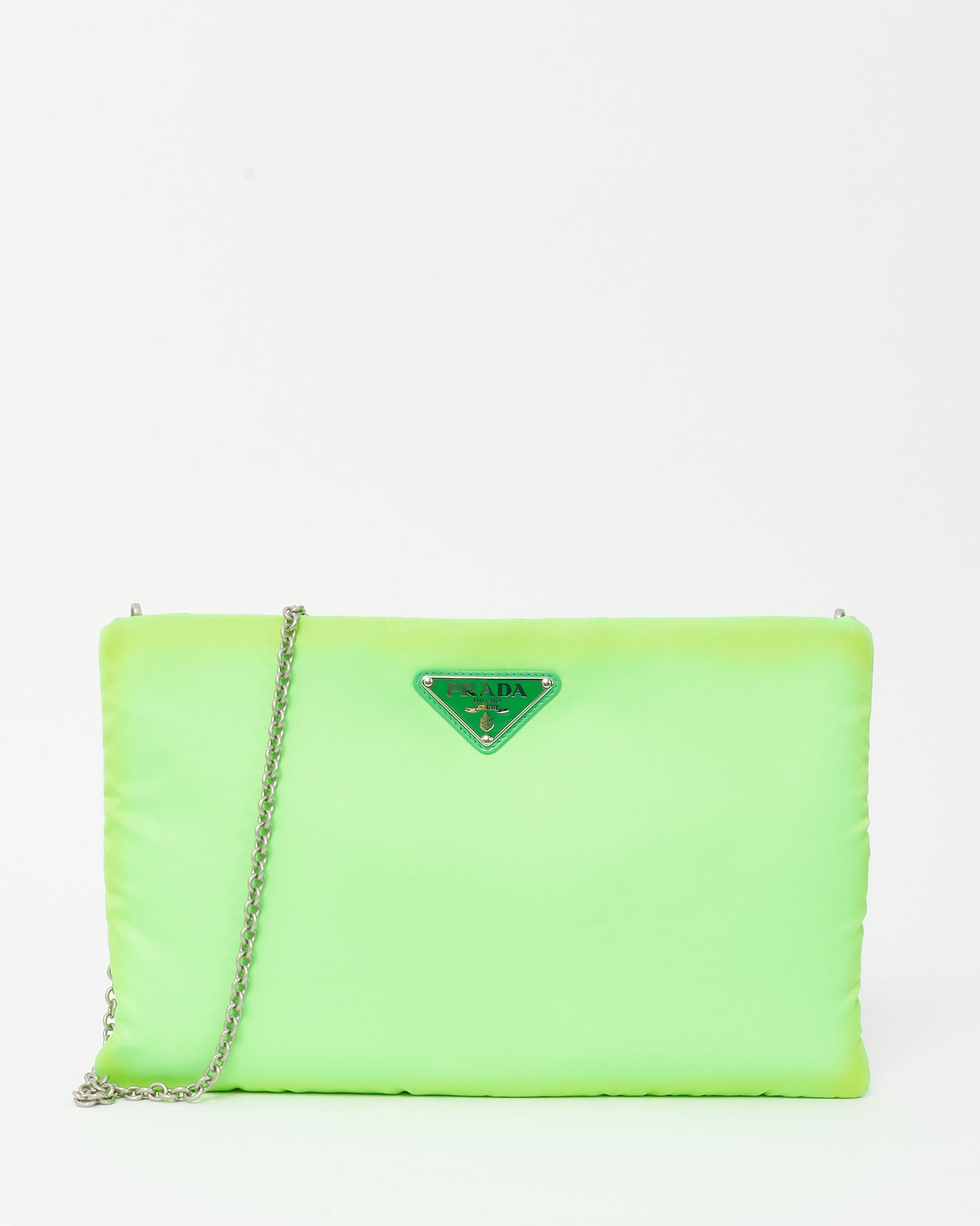 Prada Neon Green Nylon Logo Medium Padded Pouch with Chain