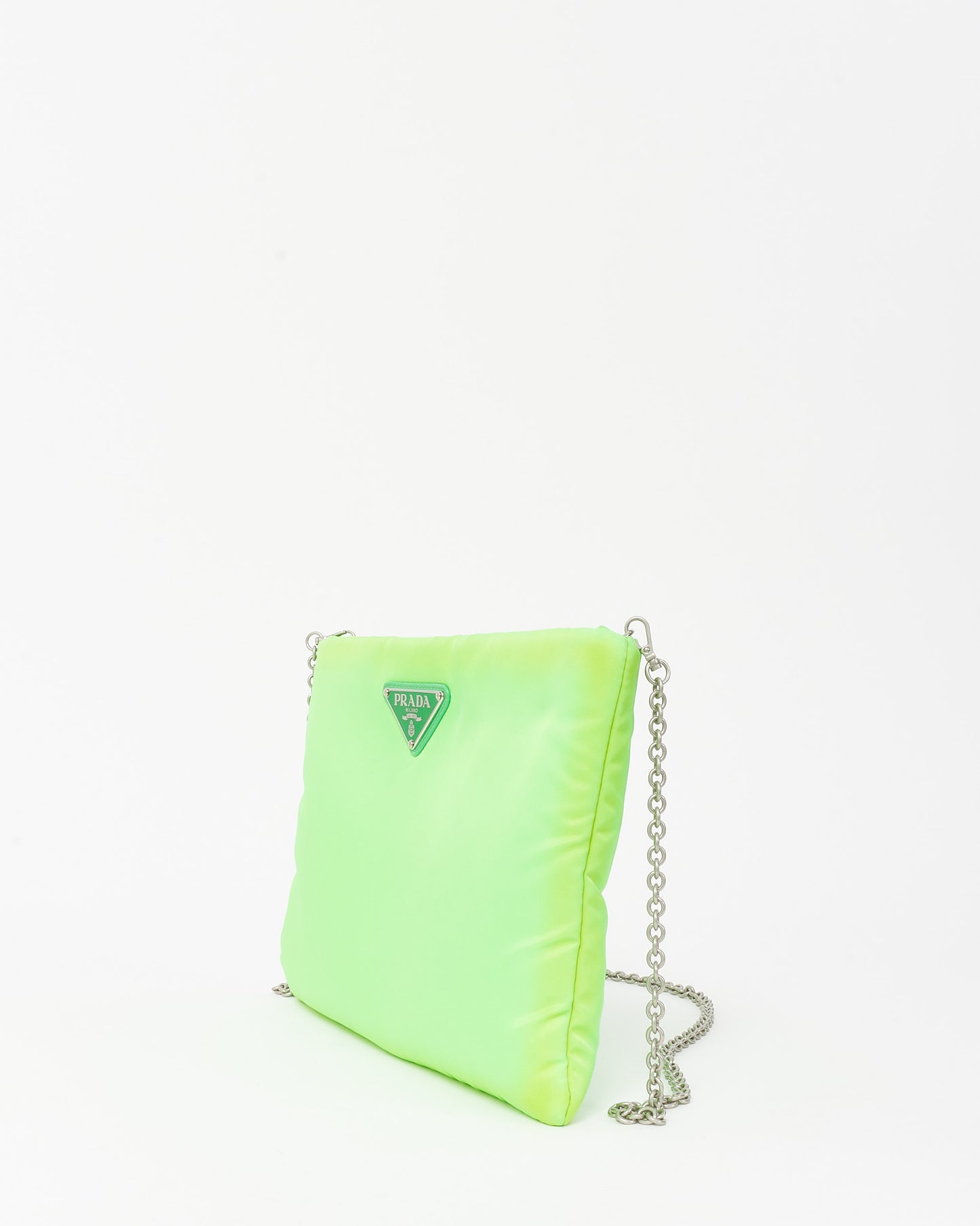 Prada Neon Green Nylon Logo Medium Padded Pouch with Chain