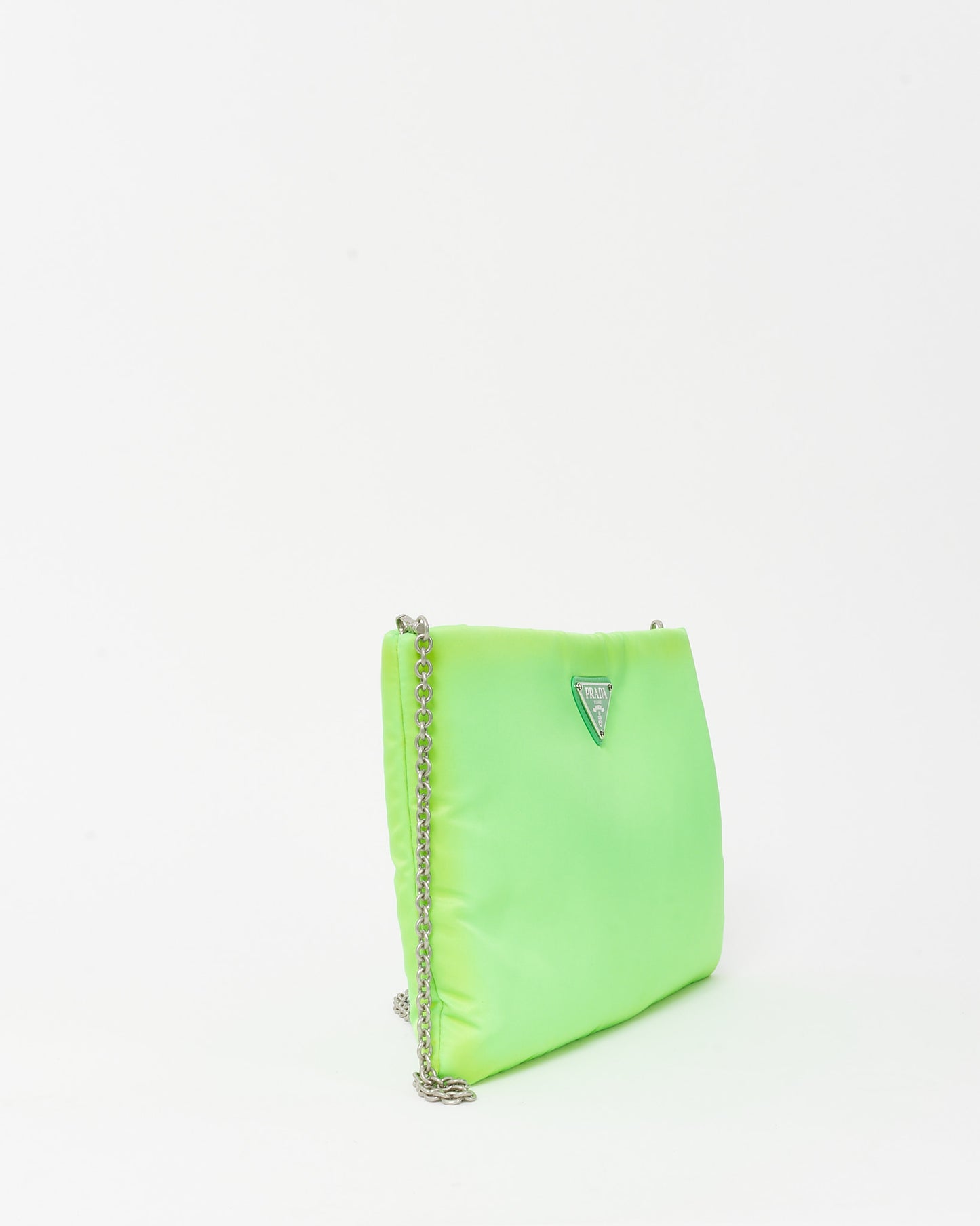 Prada Neon Green Nylon Logo Medium Padded Pouch with Chain