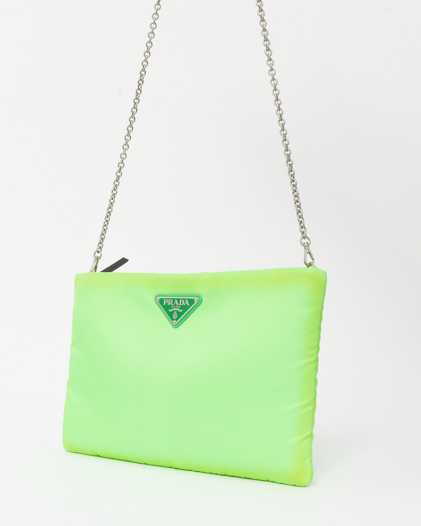Prada Neon Green Nylon Logo Medium Padded Pouch with Chain