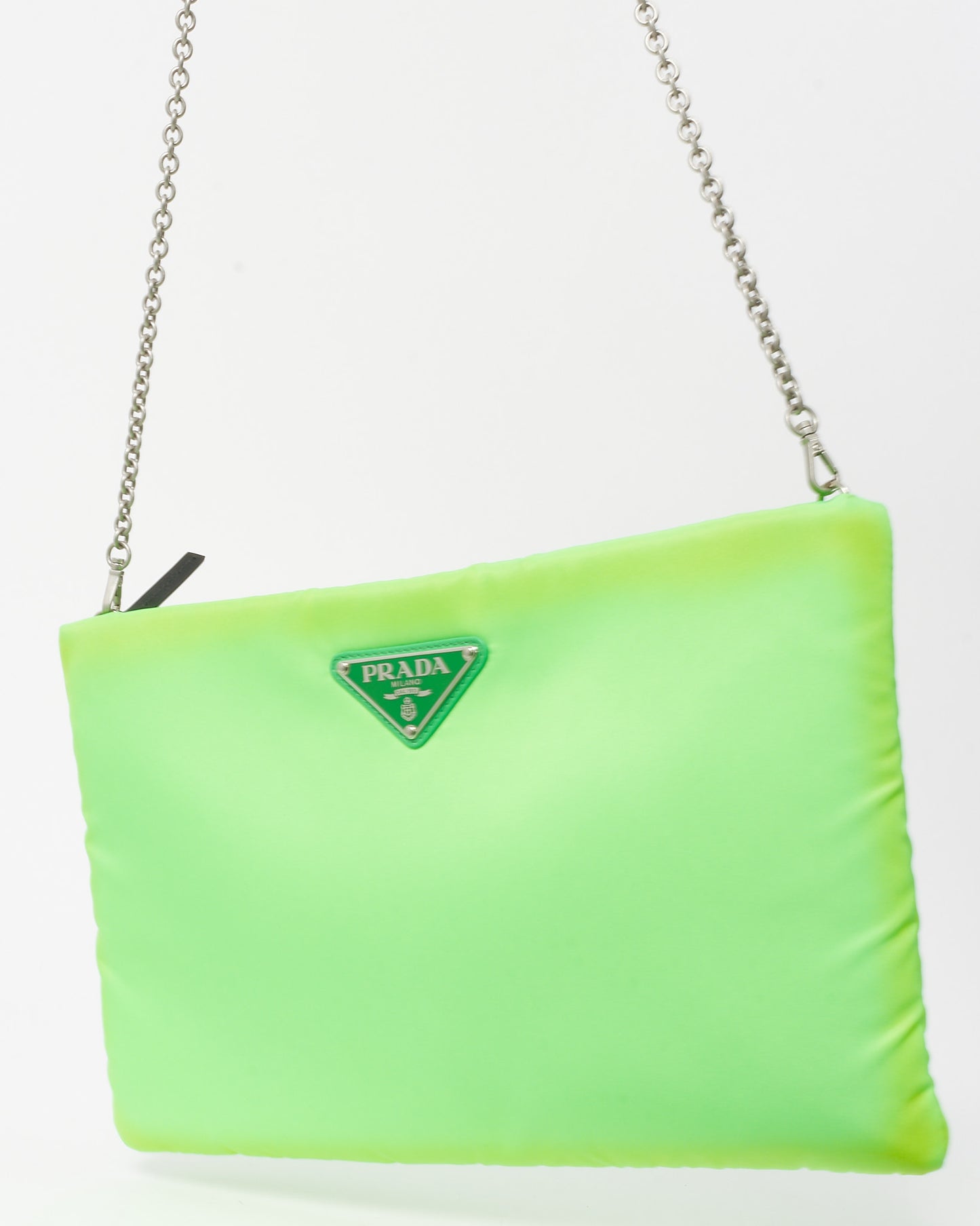 Prada Neon Green Nylon Logo Medium Padded Pouch with Chain