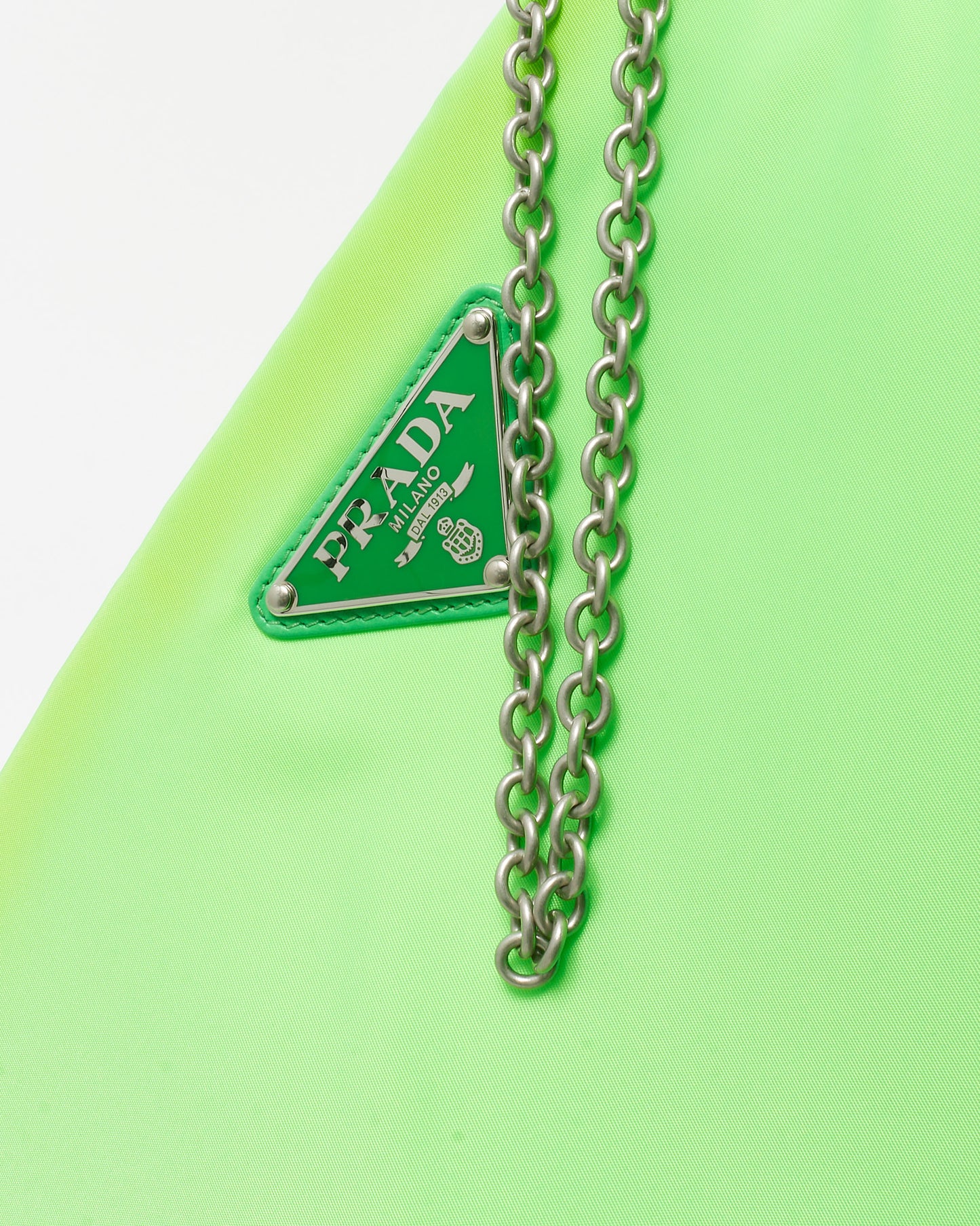 Prada Neon Green Nylon Logo Medium Padded Pouch with Chain