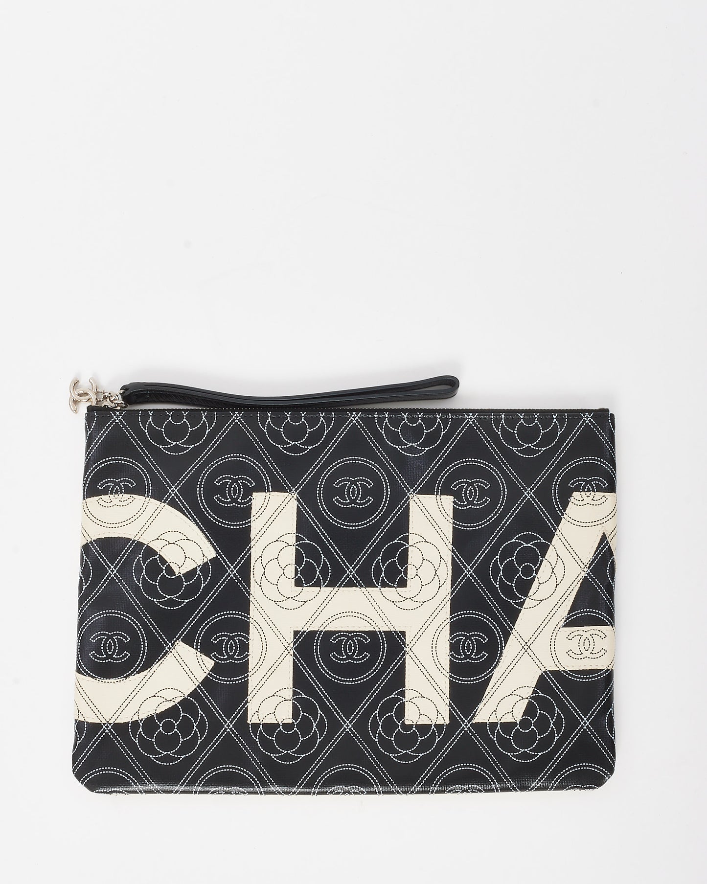Chanel Black and White Coated Maxi Camellia O Case Wristlet Pouch