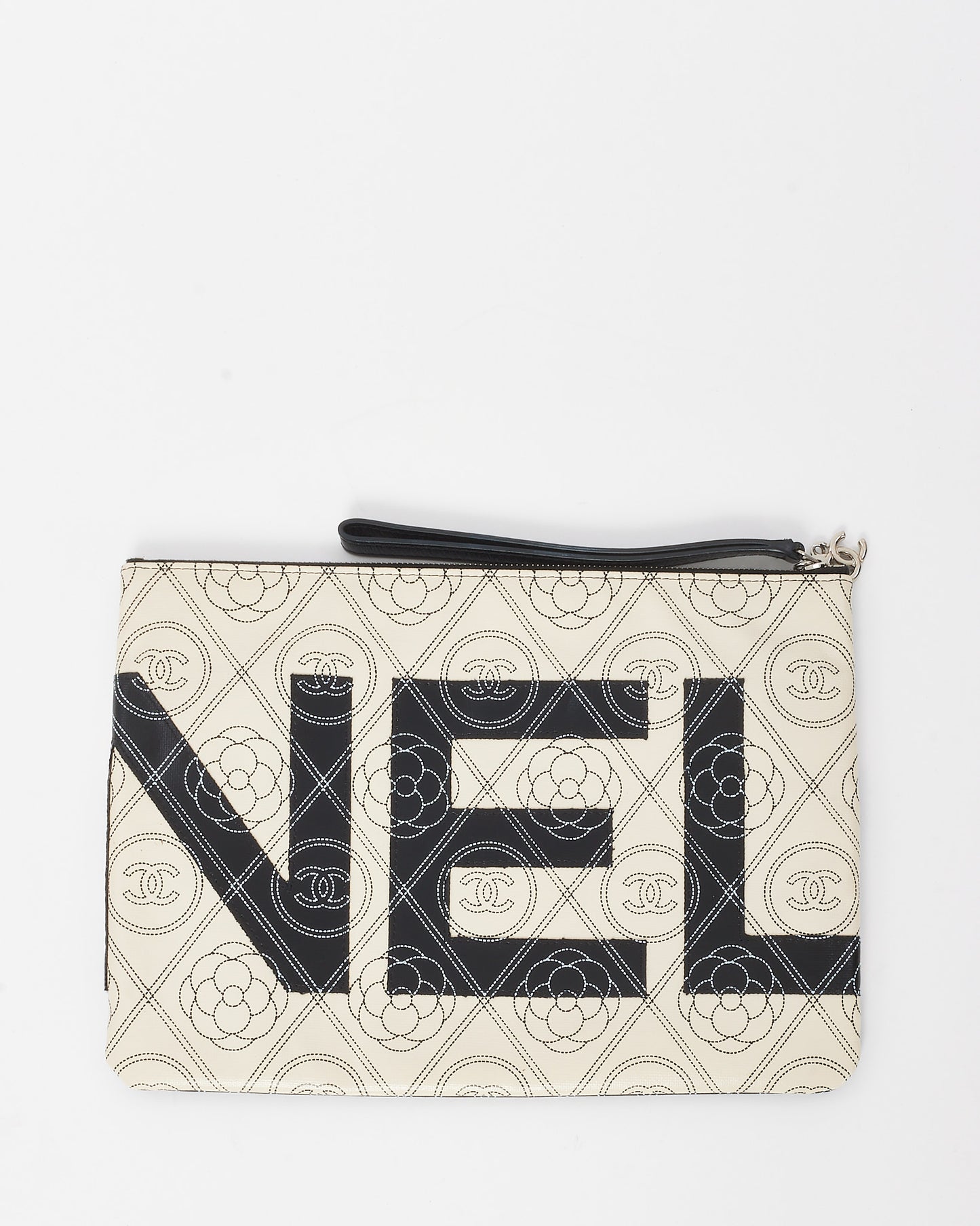 Chanel Black and White Coated Maxi Camellia O Case Wristlet Pouch
