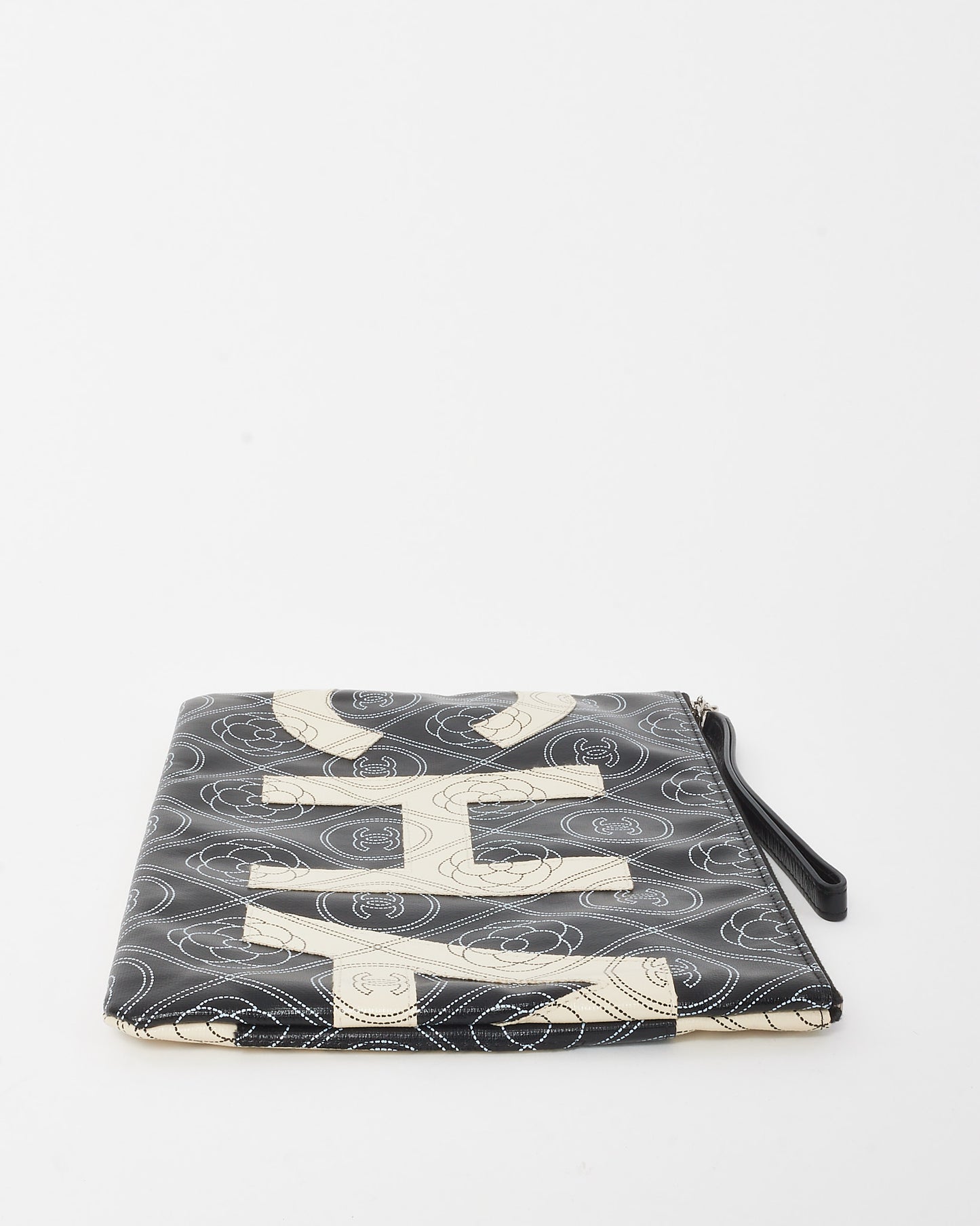 Chanel Black and White Coated Maxi Camellia O Case Wristlet Pouch