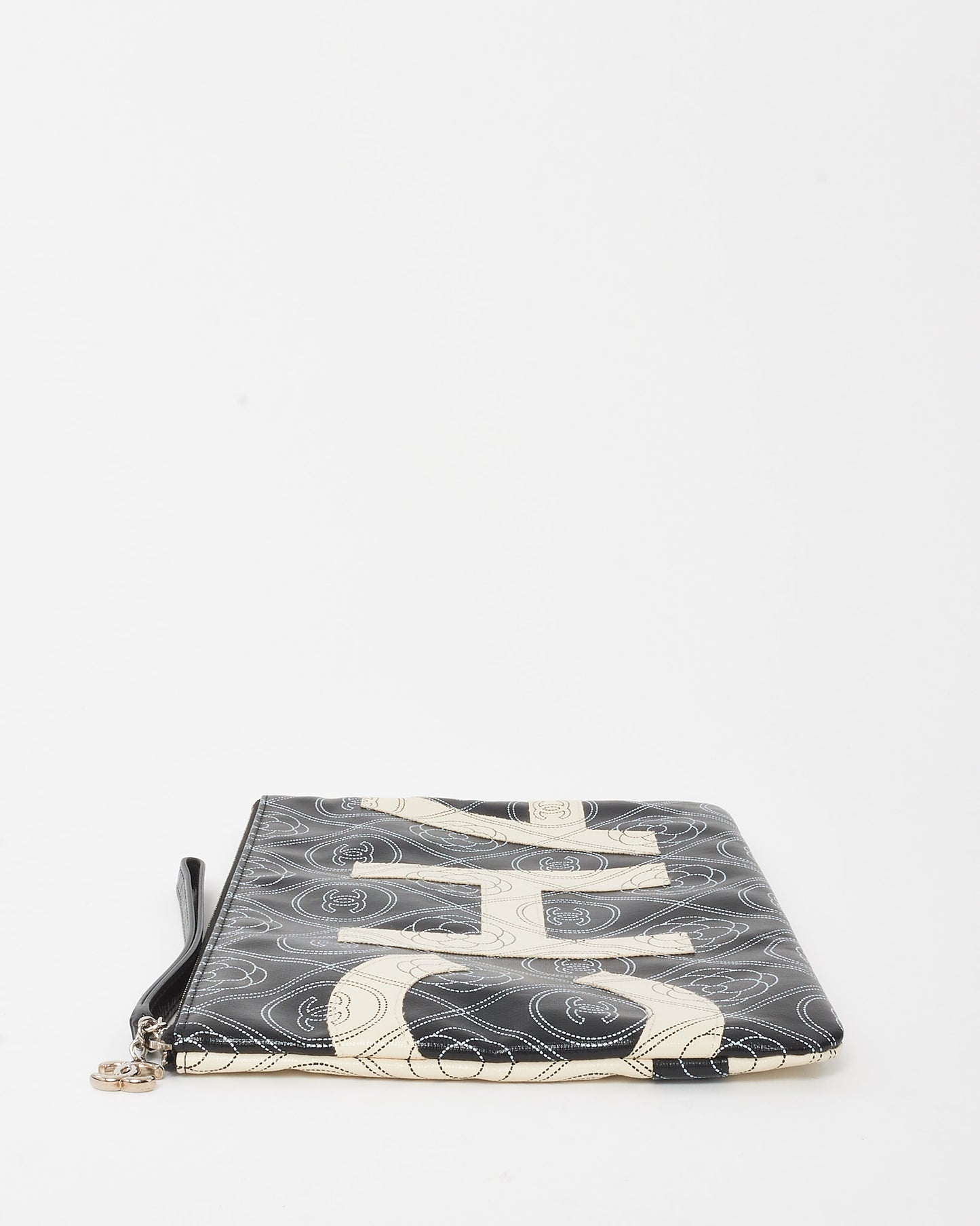 Chanel Black and White Coated Maxi Camellia O Case Wristlet Pouch
