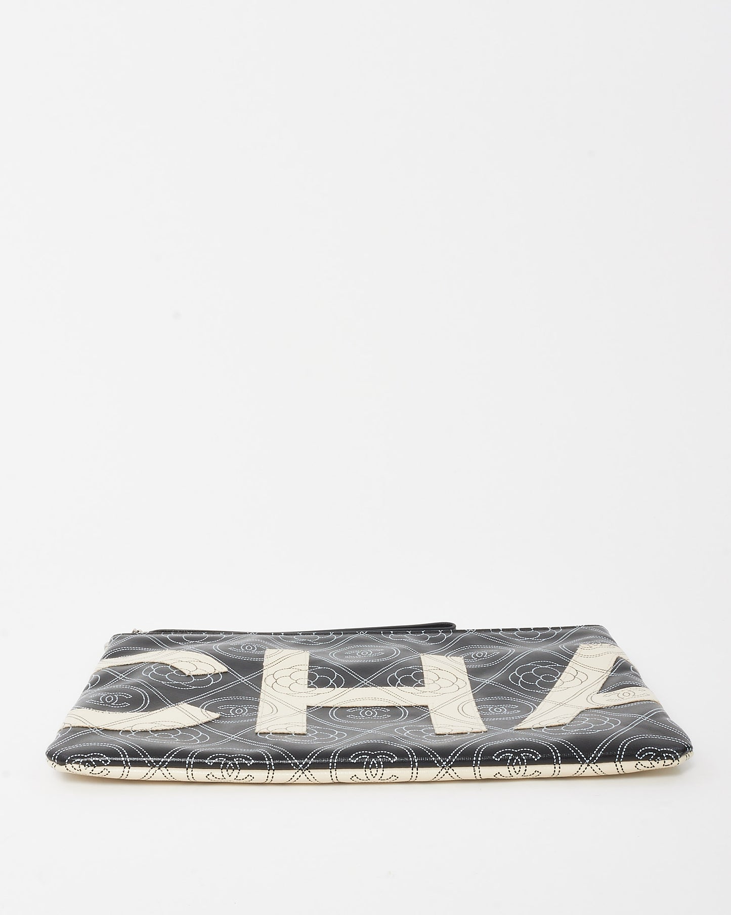 Chanel Black and White Coated Maxi Camellia O Case Wristlet Pouch