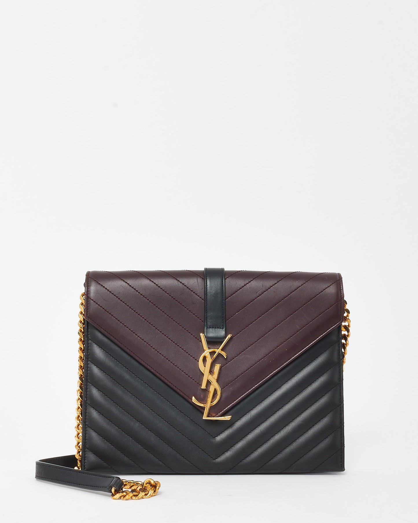 Saint Laurent Burgundy and Black Chevron 2-Tone Leather YSL Envelope Flap Bag GHW