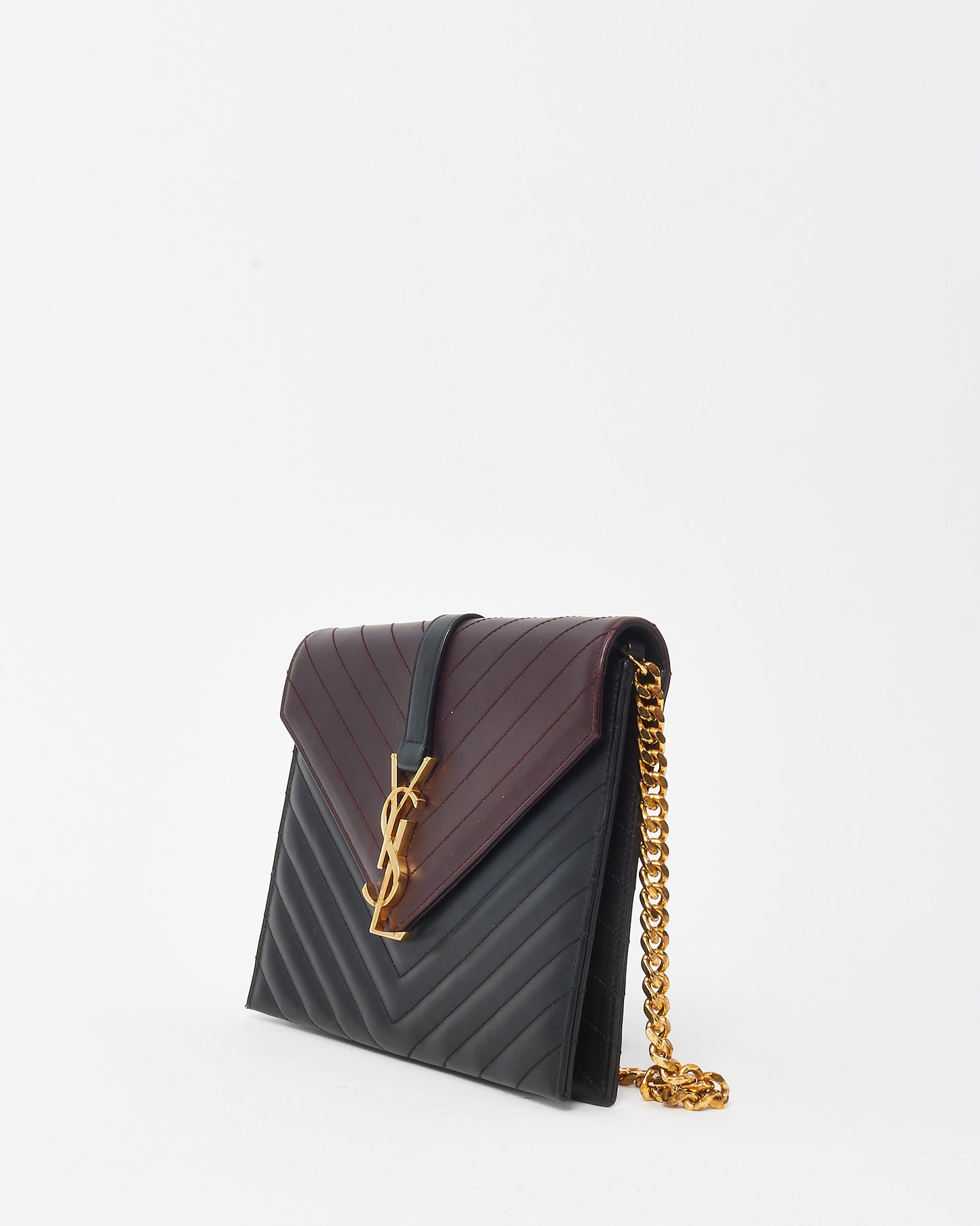 Saint Laurent Burgundy and Black Chevron 2-Tone Leather YSL Envelope Flap Bag GHW