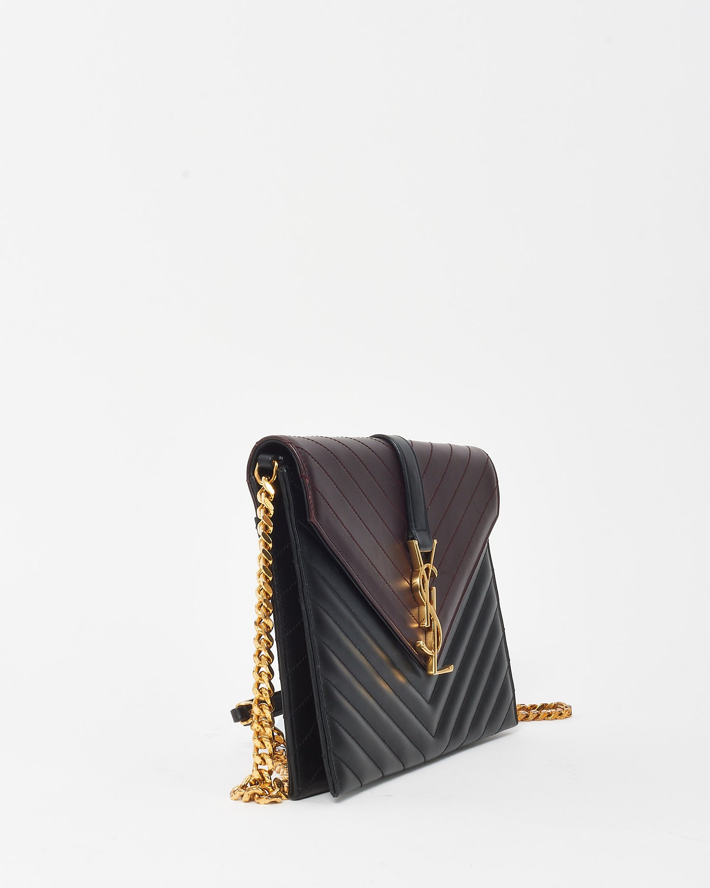Saint Laurent Burgundy and Black Chevron 2-Tone Leather YSL Envelope Flap Bag GHW