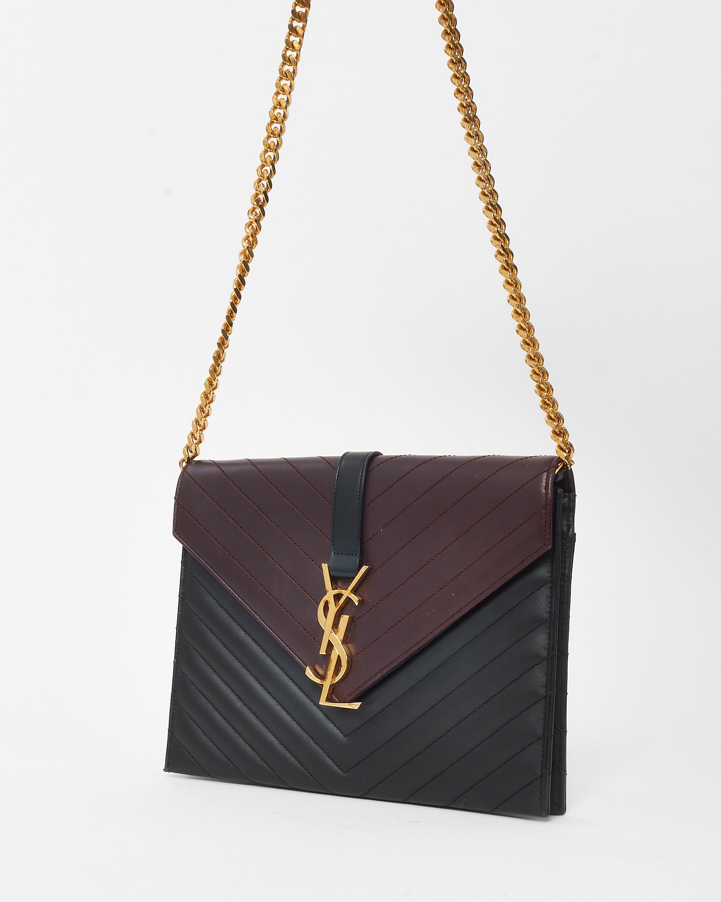 Saint Laurent Burgundy and Black Chevron 2-Tone Leather YSL Envelope Flap Bag GHW