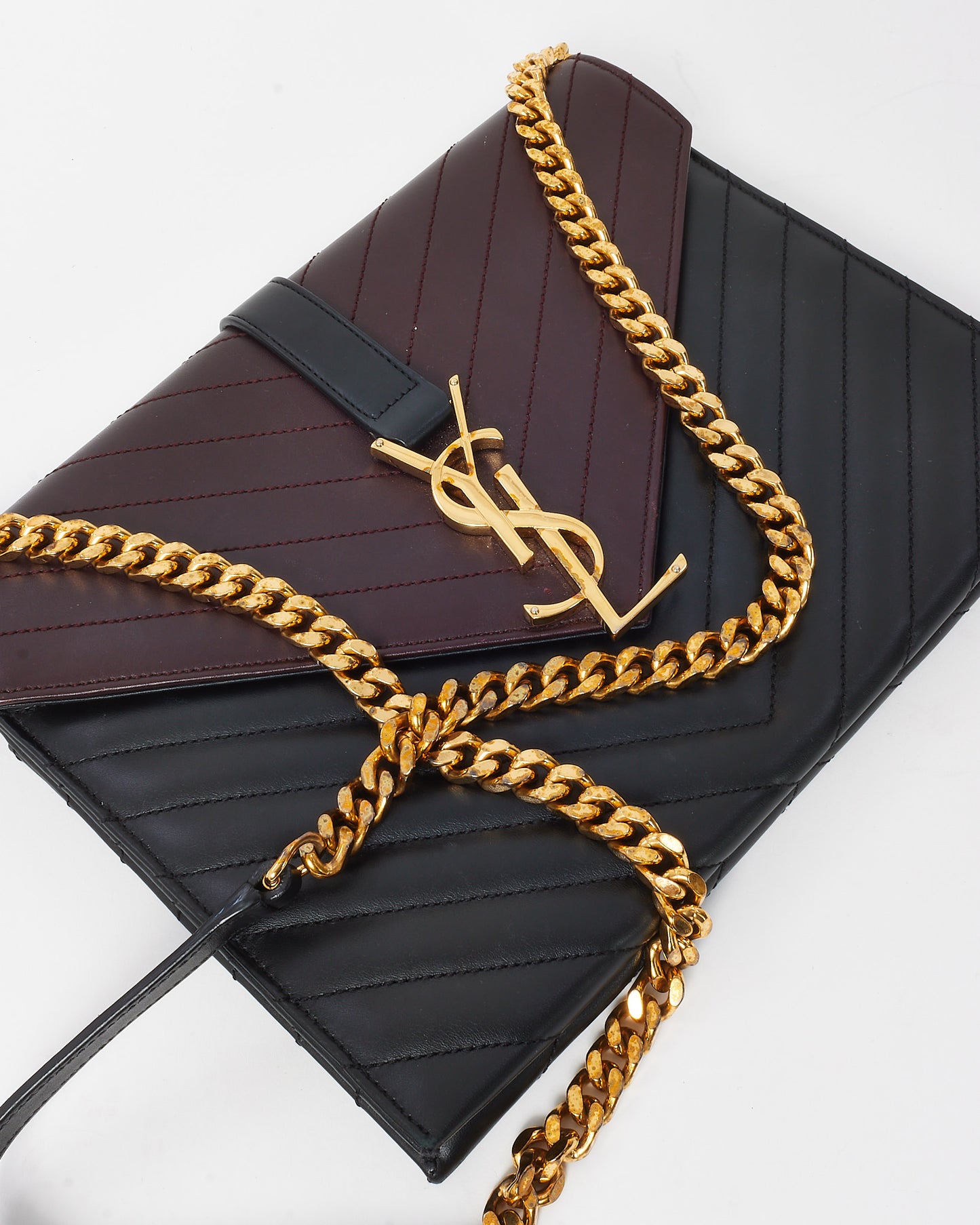 Saint Laurent Burgundy and Black Chevron 2-Tone Leather YSL Envelope Flap Bag GHW