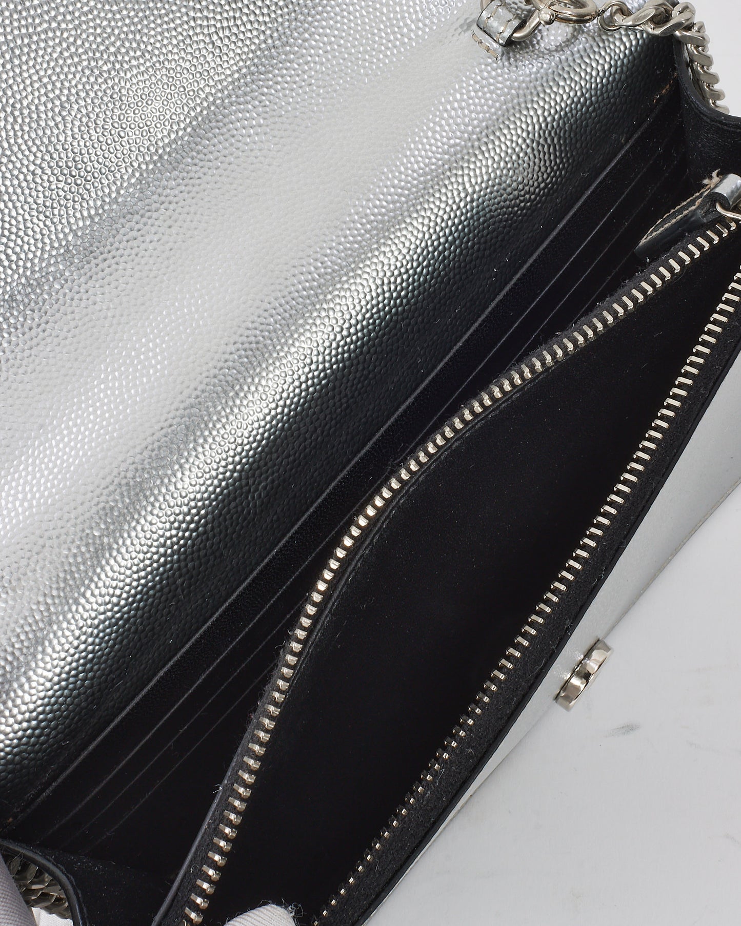 Saint Laurent Metallic Silver Leather Small YSL Logo Kate Tassel Crossbody Bag