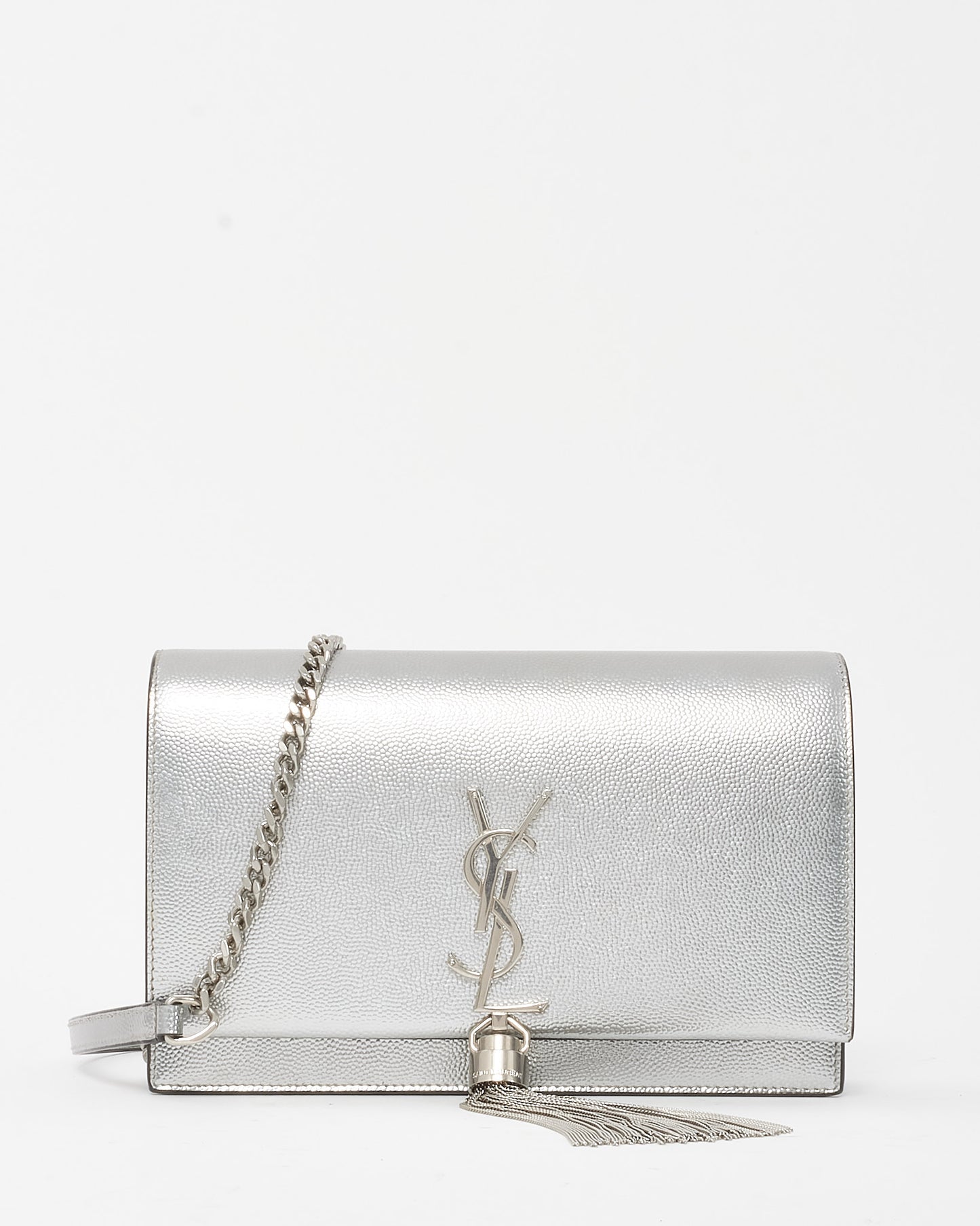 Saint Laurent Metallic Silver Leather Small YSL Logo Kate Tassel Crossbody Bag