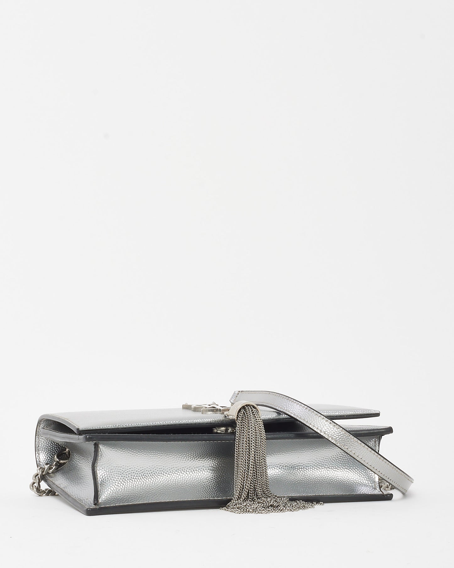 Saint Laurent Metallic Silver Leather Small YSL Logo Kate Tassel Crossbody Bag