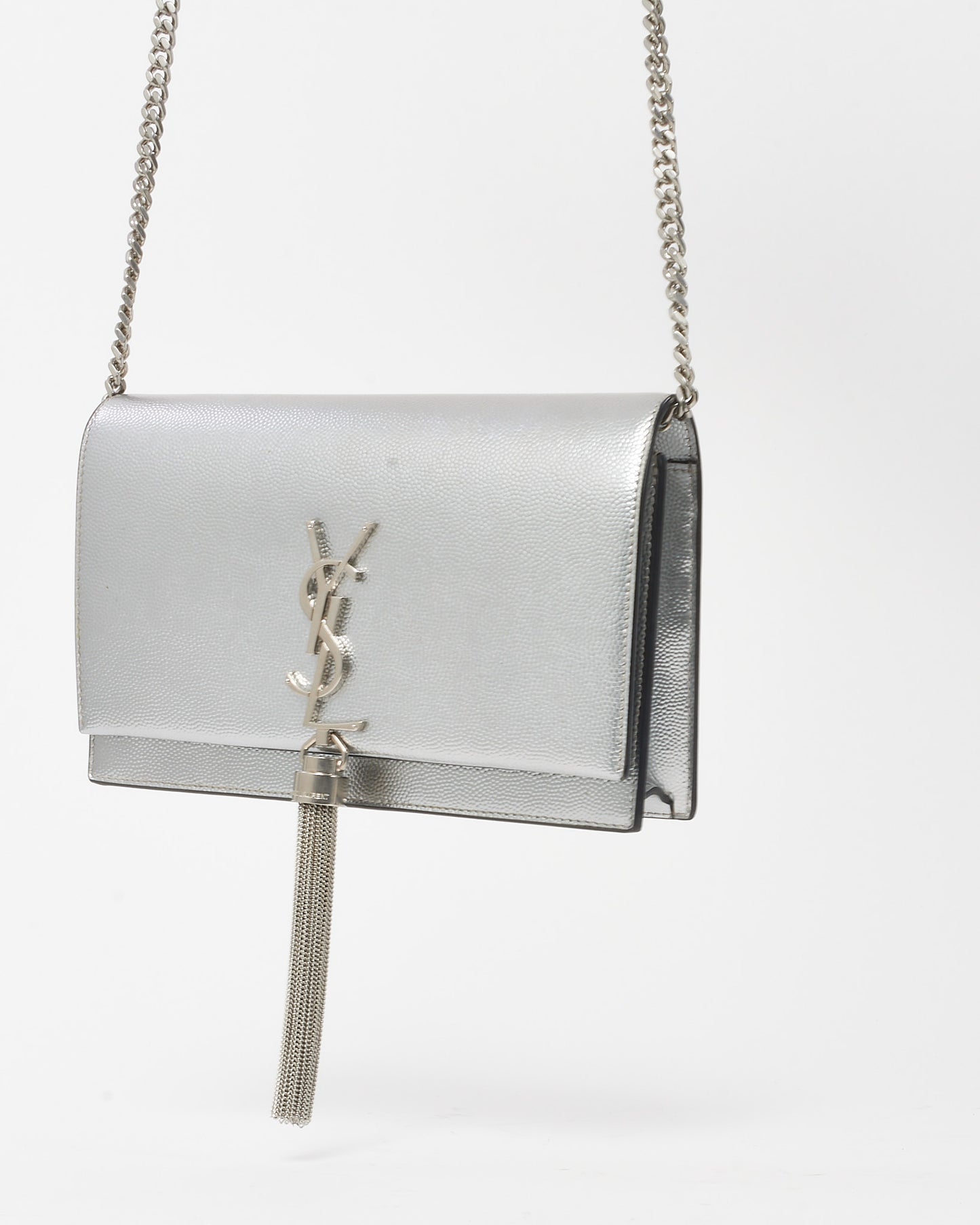Saint Laurent Metallic Silver Leather Small YSL Logo Kate Tassel Crossbody Bag