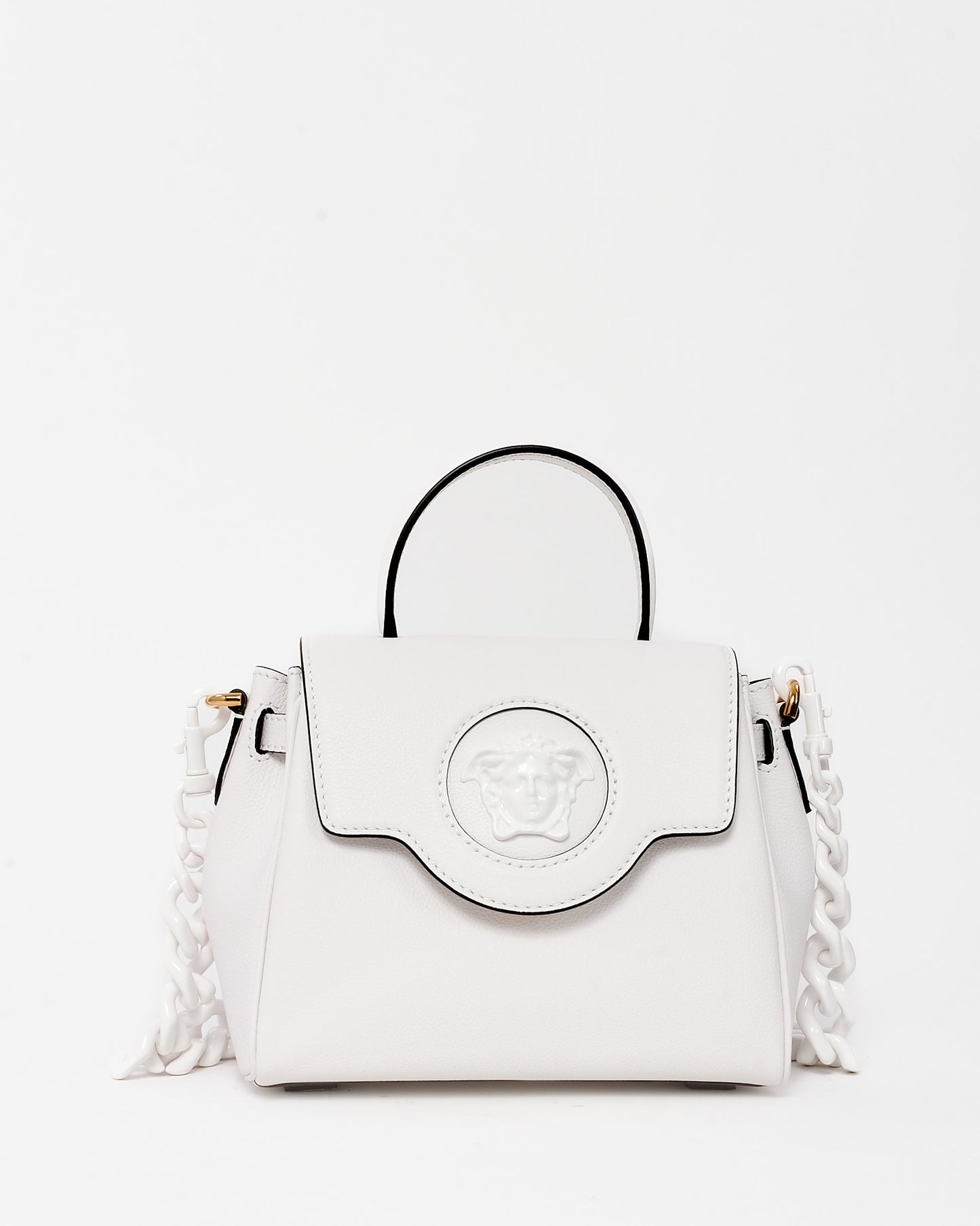 Versace White Grained Leather Tonal La Medusa Top Handle Bag