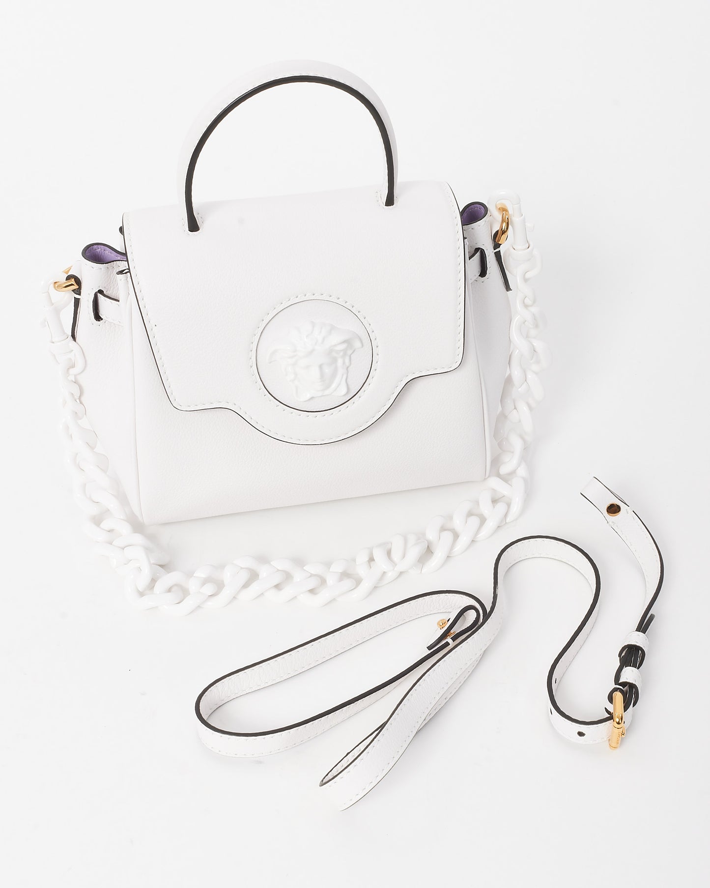 Versace White Grained Leather Tonal La Medusa Top Handle Bag
