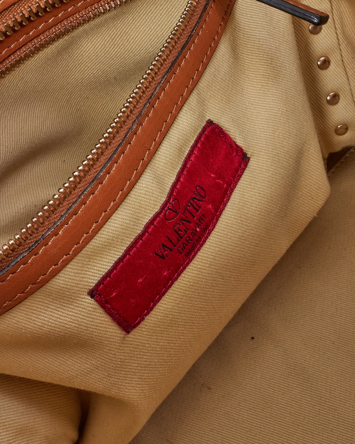 Valentino Camel Brown Leather Rockstud Convertible Flip Lock Tote with Strap