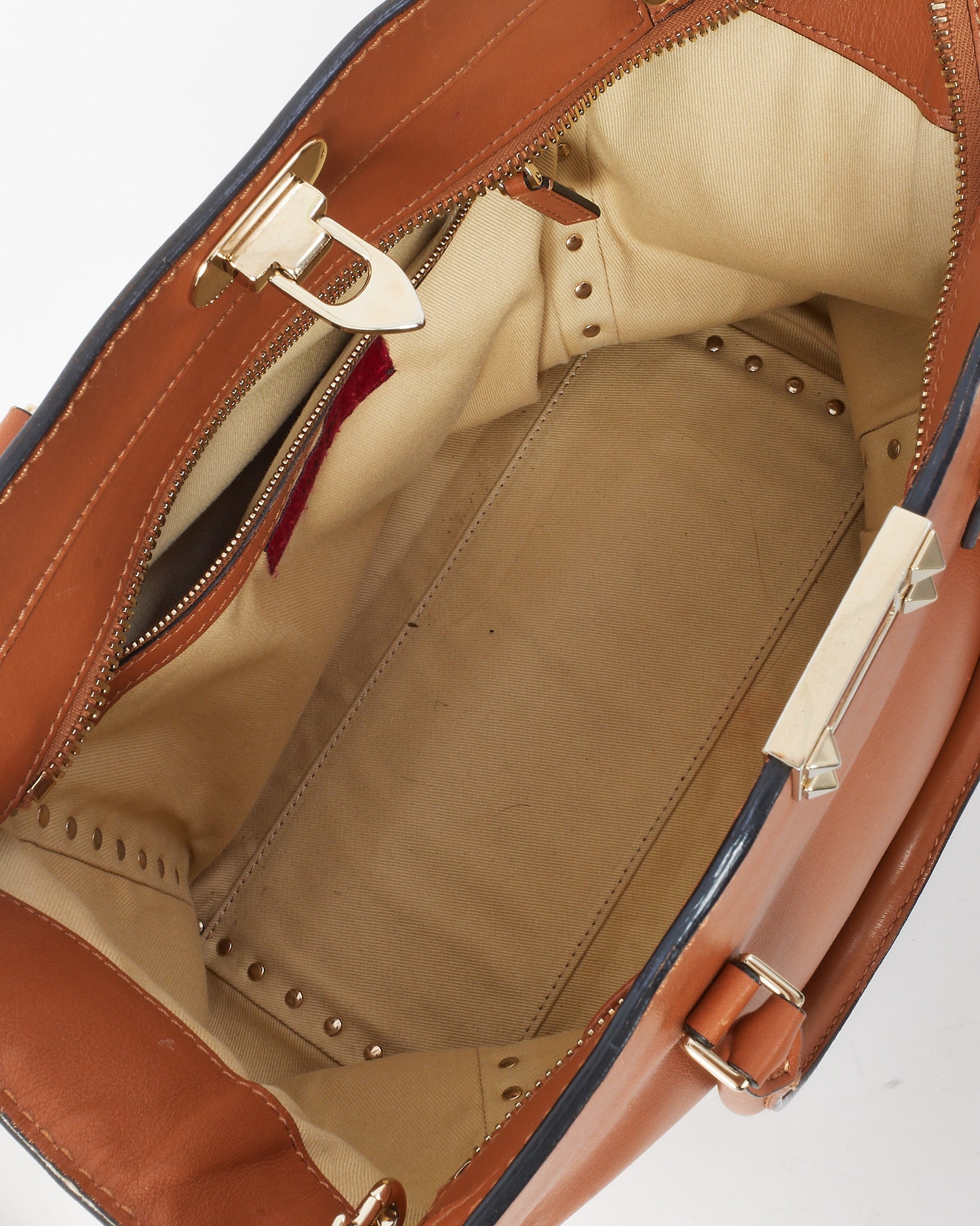 Valentino Camel Brown Leather Rockstud Convertible Flip Lock Tote with Strap