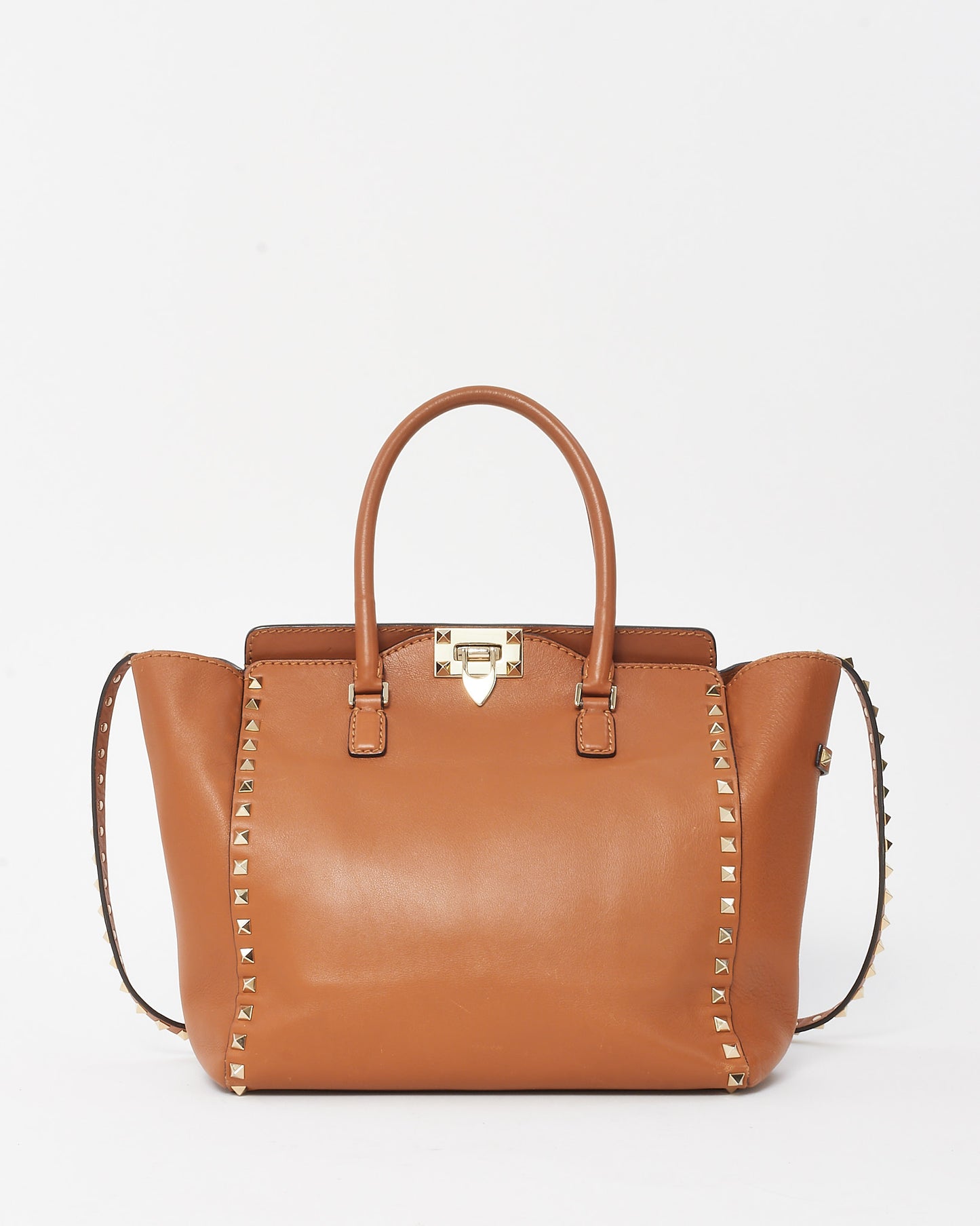 Valentino Camel Brown Leather Rockstud Convertible Flip Lock Tote with Strap