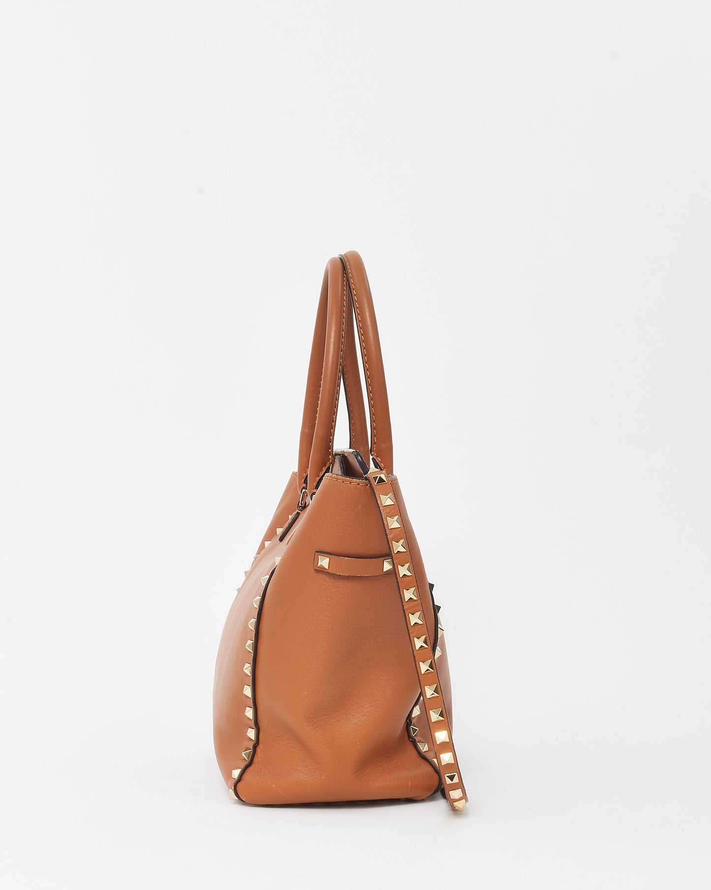 Valentino Camel Brown Leather Rockstud Convertible Flip Lock Tote with Strap