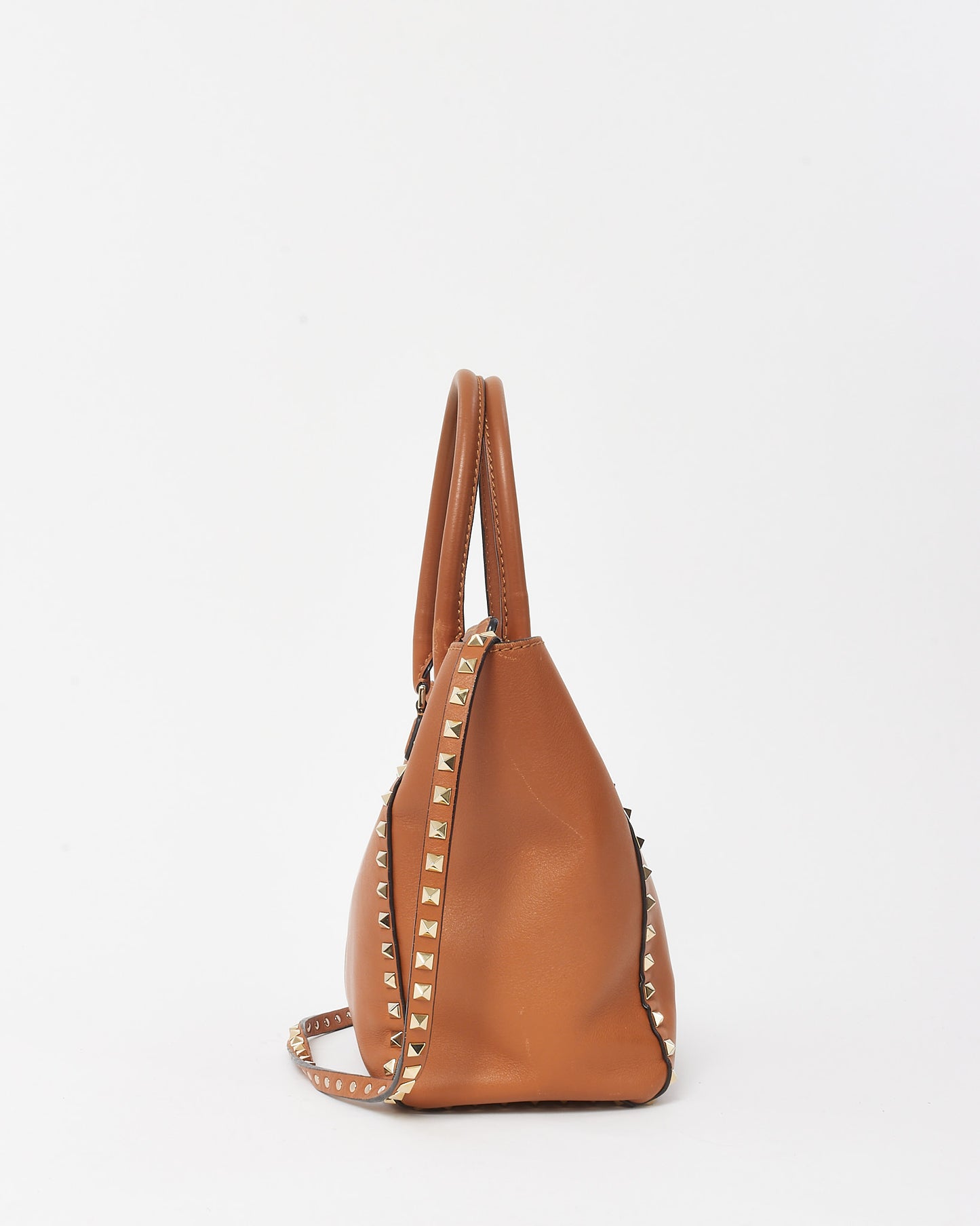 Valentino Camel Brown Leather Rockstud Convertible Flip Lock Tote with Strap
